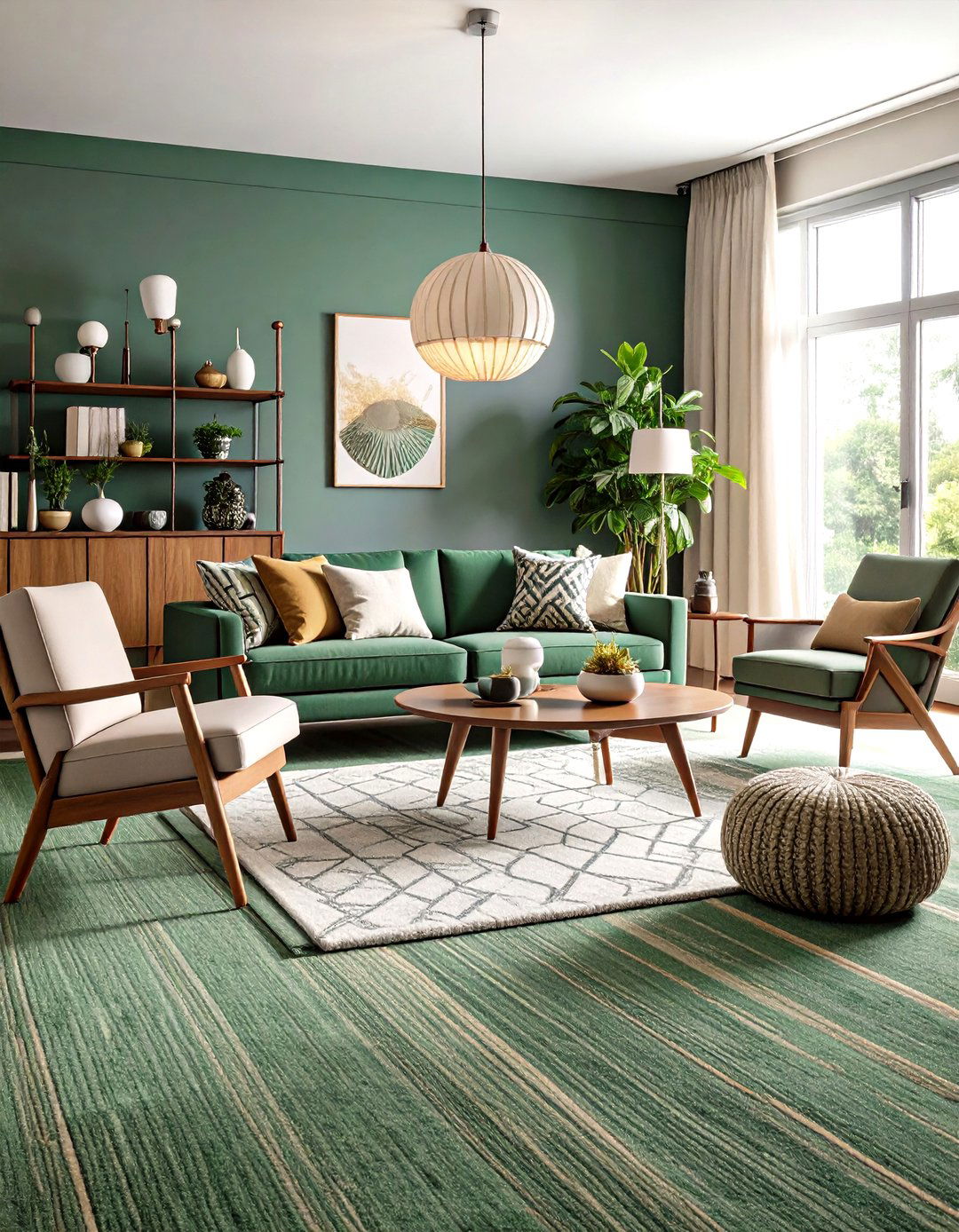 Sage Green Carpet Living Room with Mid Century Modern Furniture - 24 Green Carpet Living Room Ideas