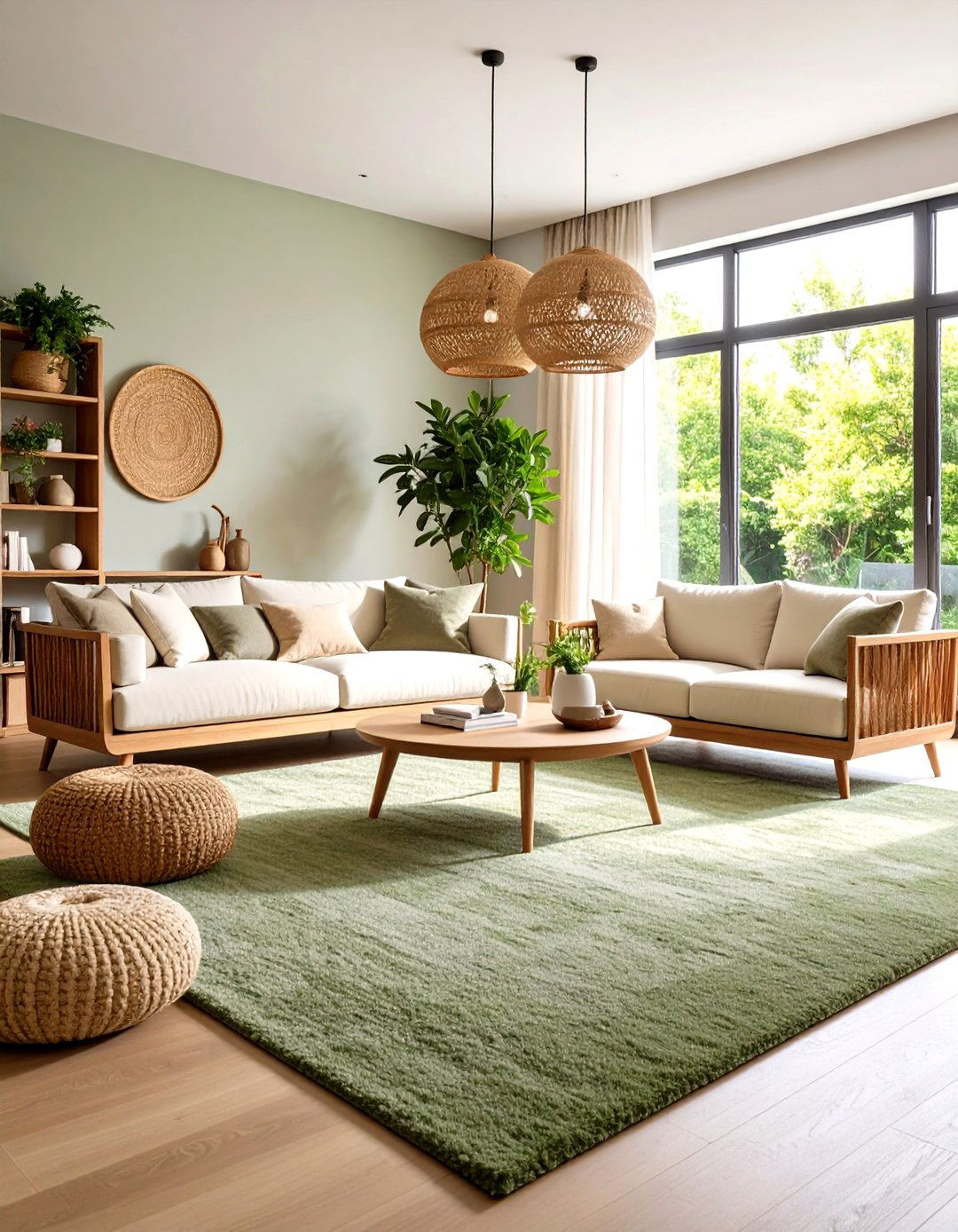 Sage Green Carpet Living Room with Natural Wood Accents - 24 Green Carpet Living Room Ideas