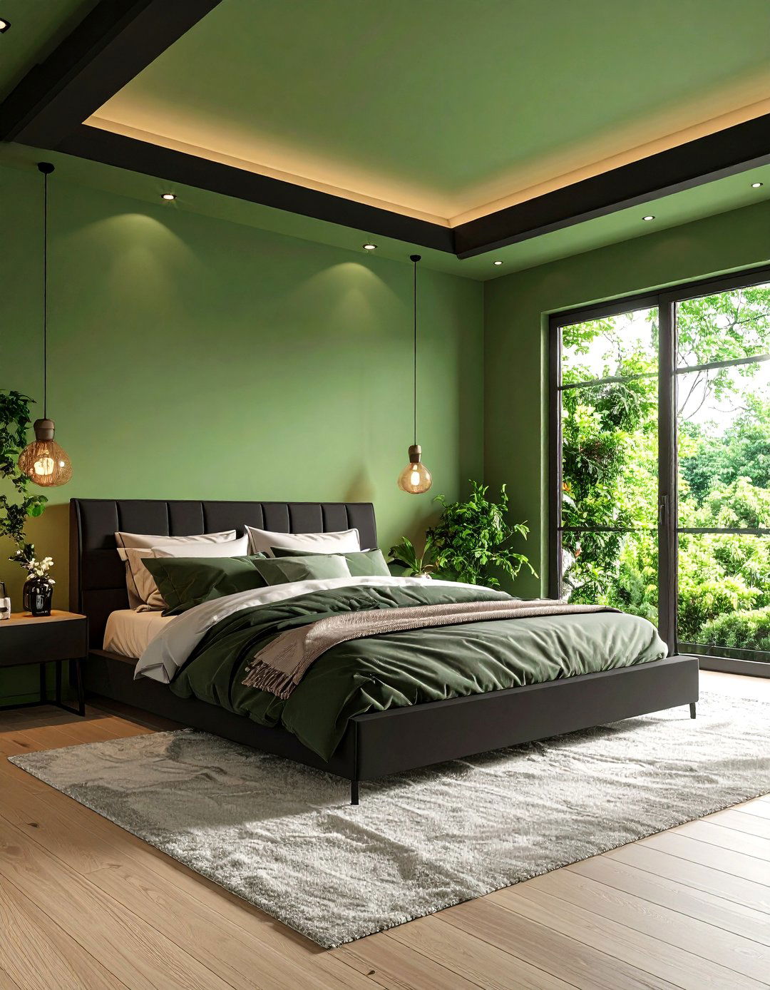 Sage Green Ceiling with Black Bedframe - 24 Black and Green Bedroom Design Ideas