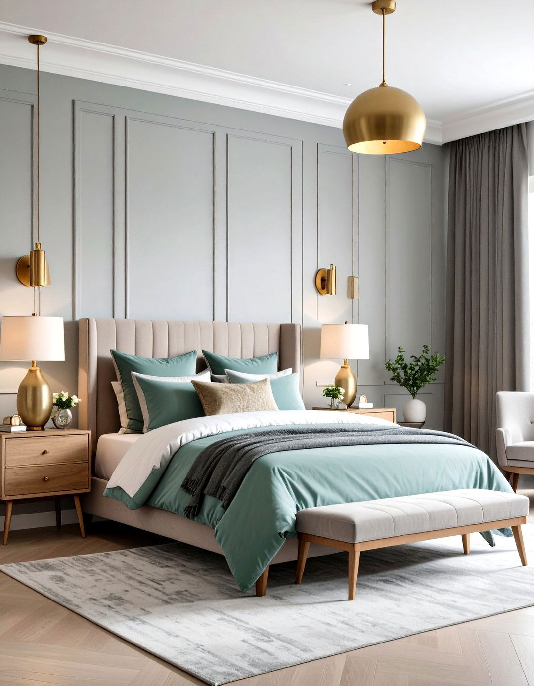 Sage Green Ceramic Lamps with Grey Texture Walls - 24 Sage Green and Grey Bedroom Ideas