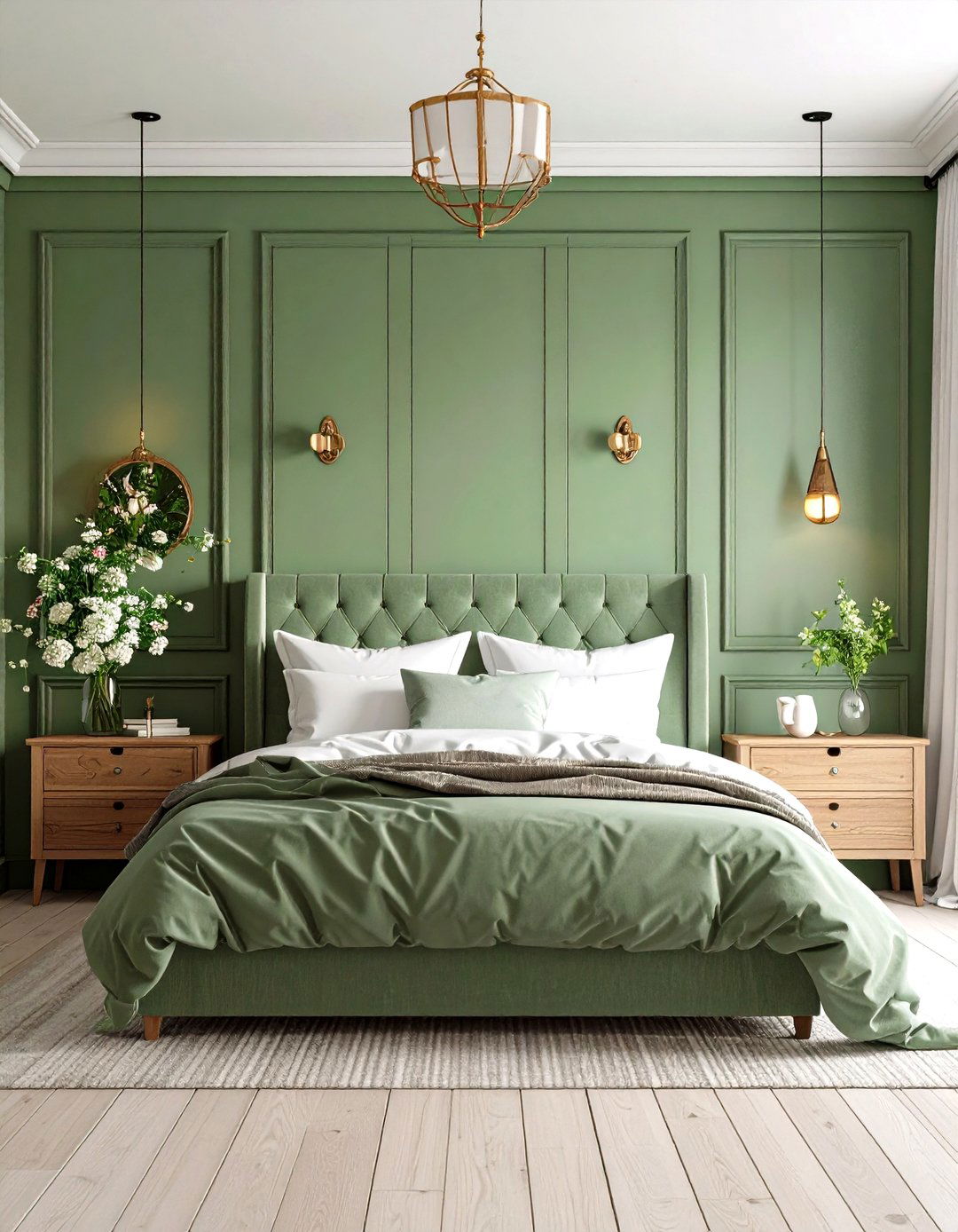 Sage Green Cottage Style Bedroom with Floral Elements - 24 Green Panelling Bedroom Ideas