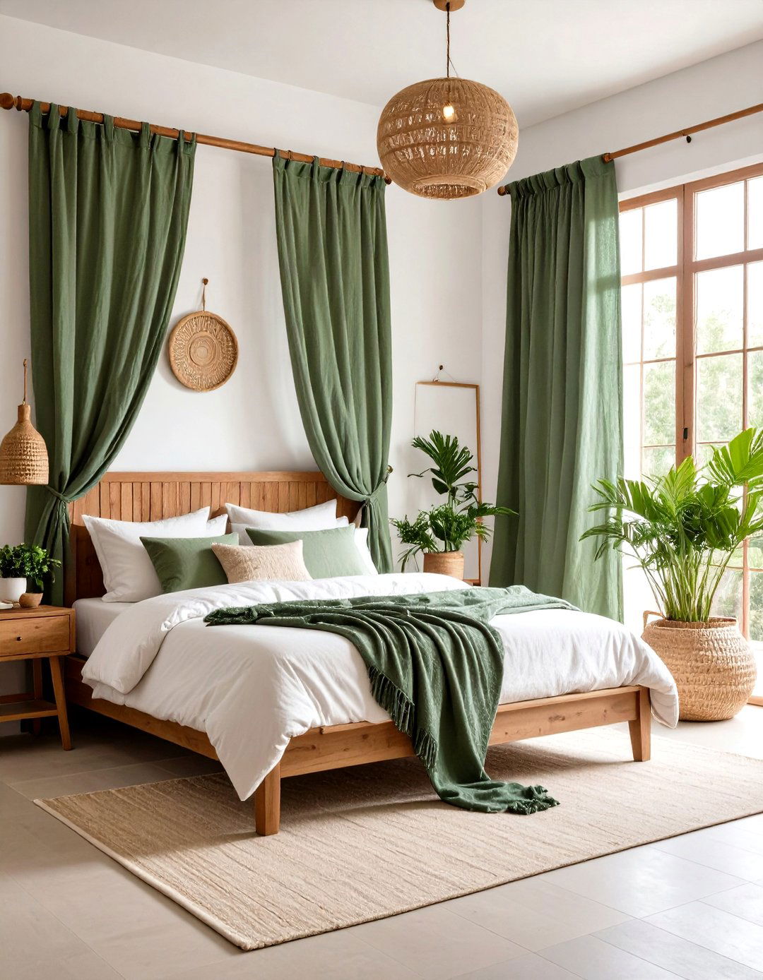 Sage Green Curtains Flowing Boho Bedroom Design - 24 Boho Sage Green Bedroom Ideas