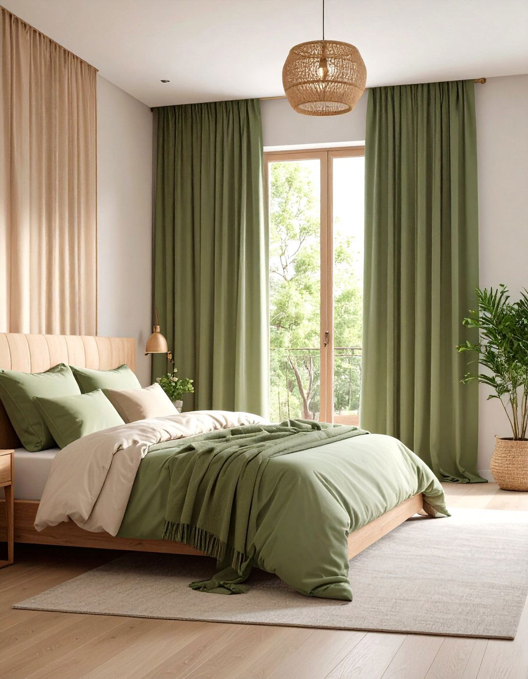 Sage Green Curtains and Beige Bedding - 24 Green and Beige Bedroom Ideas