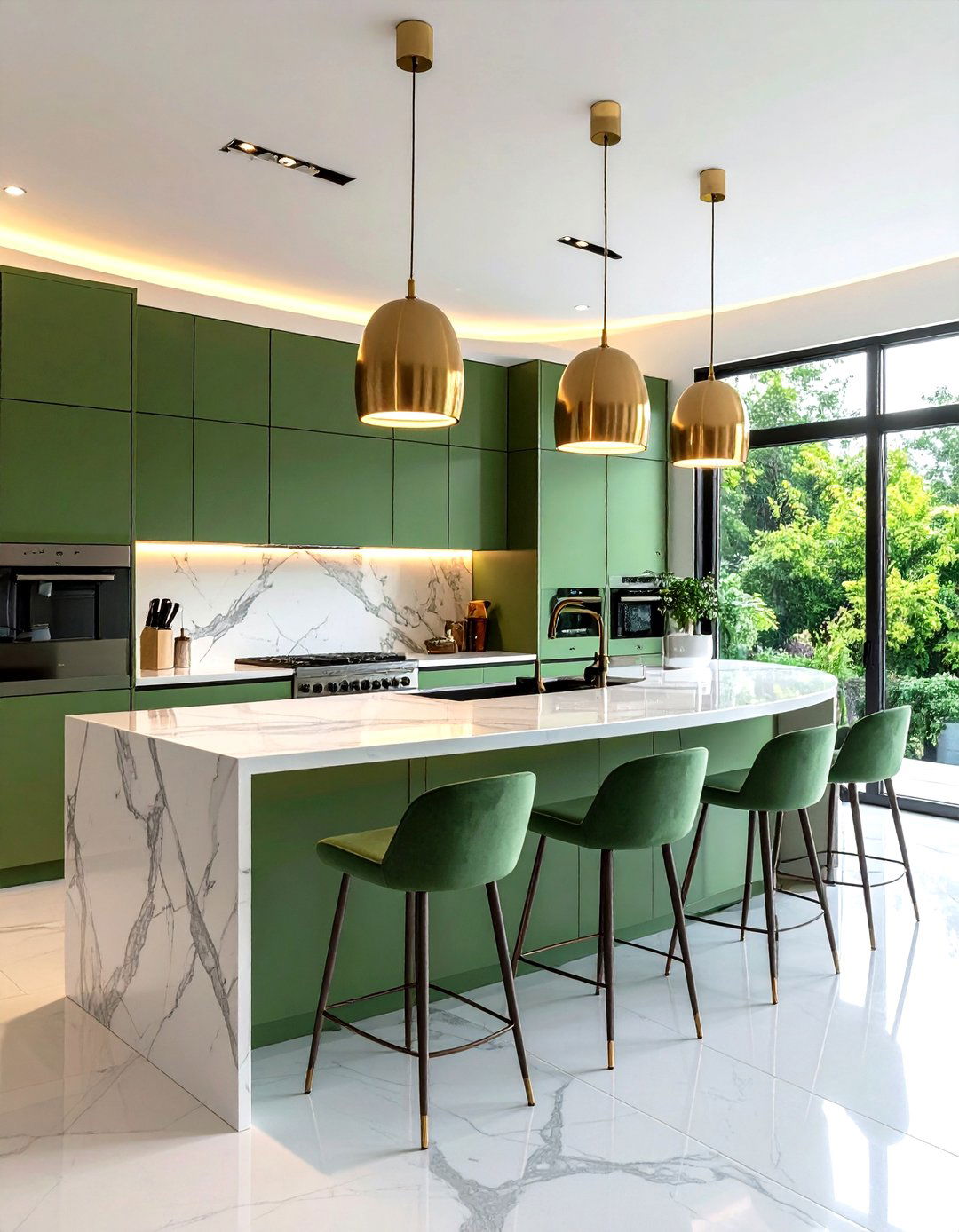 Sage Green Curved Island with Waterfall Marble Edge - 24 Sage Green Kitchen Island Ideas