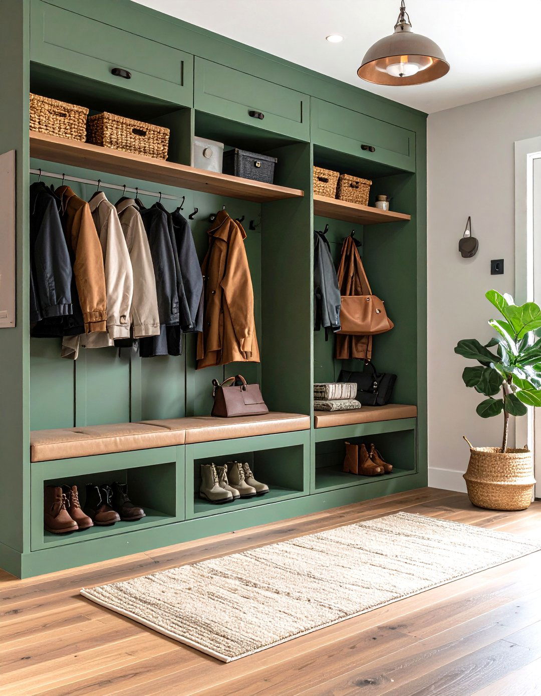 Sage Green Entryway Design with Mudroom Storage - 24 Sage Green Decor Ideas
