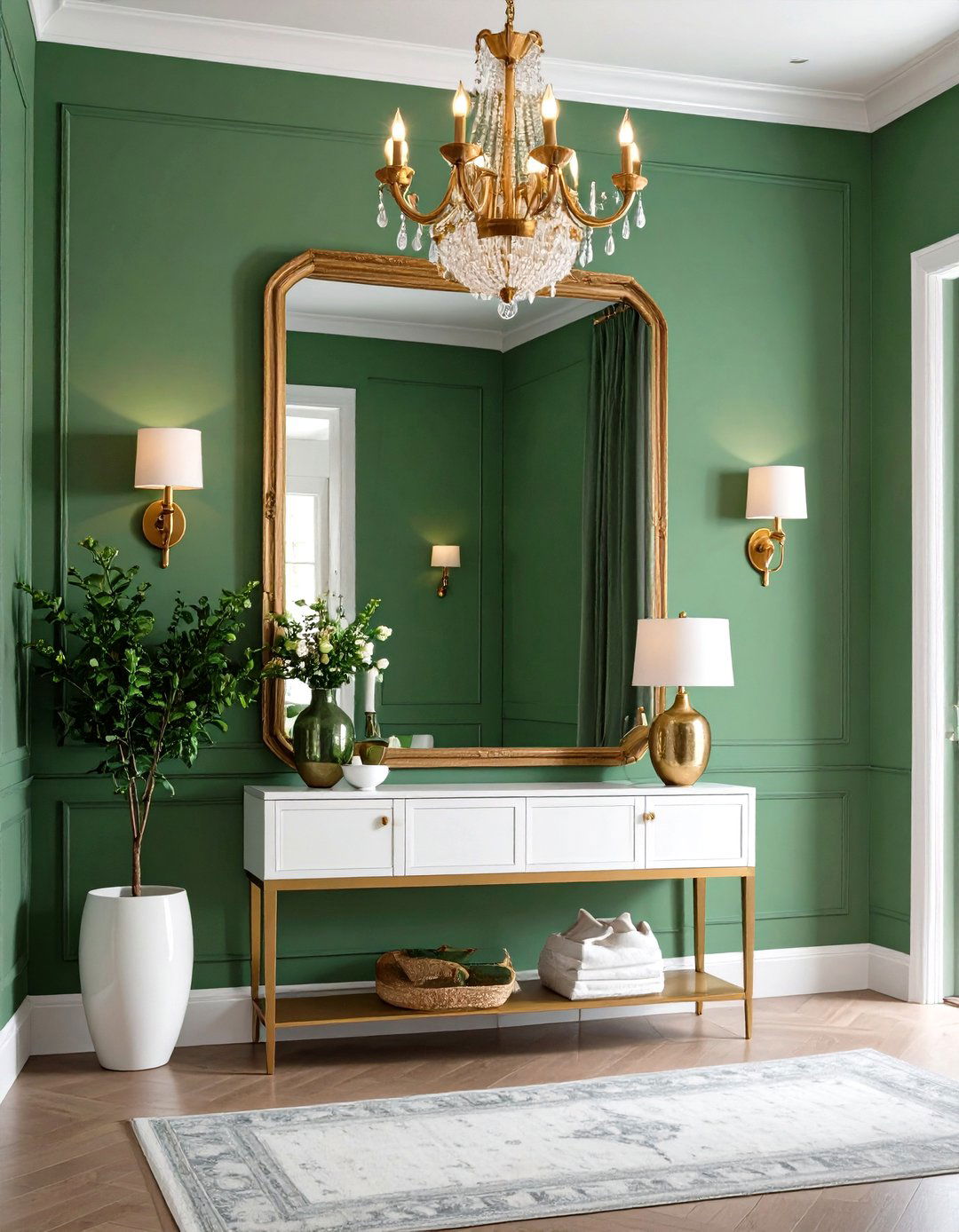 Sage Green Entryway with Statement Lighting - 24 Sage Green Paint Color Ideas