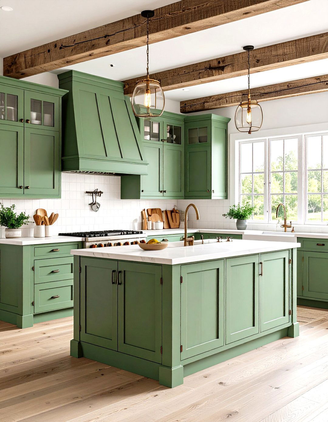 Sage Green Farmhouse Kitchen with Exposed Beams - 24 Green Kitchen Cabinet Ideas