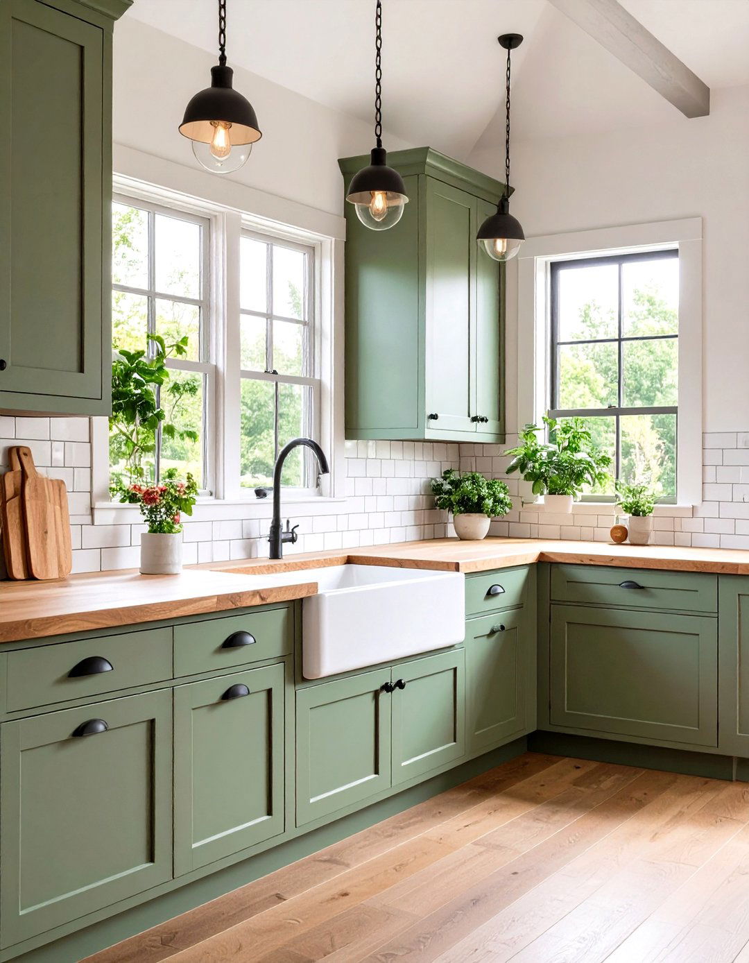 Sage Green Farmhouse Kitchen with Subway Tiles - 24 Sage Green Paint Color Ideas