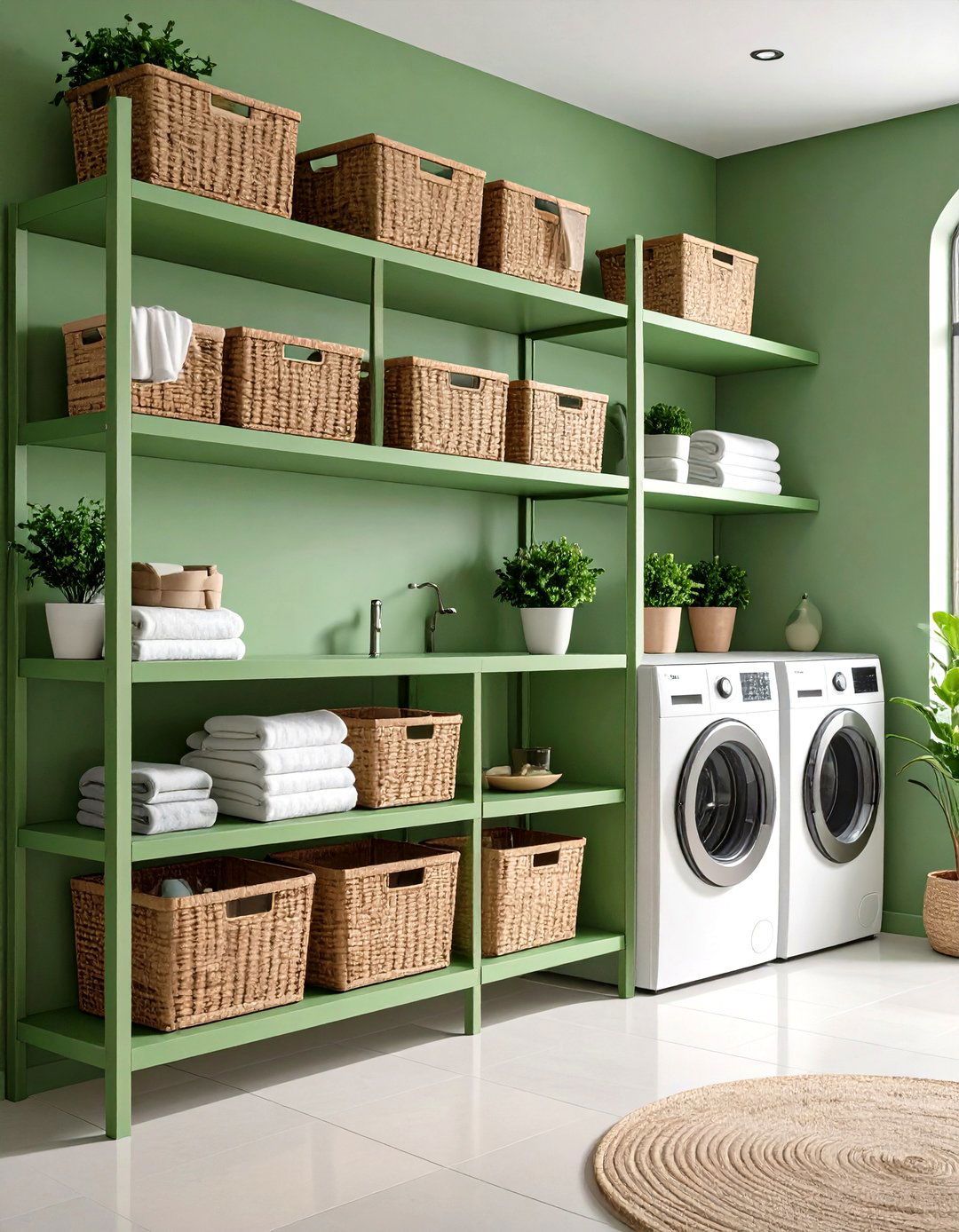 Sage Green Floating Shelves with Open Storage - 24 Sage Green Laundry Room Ideas