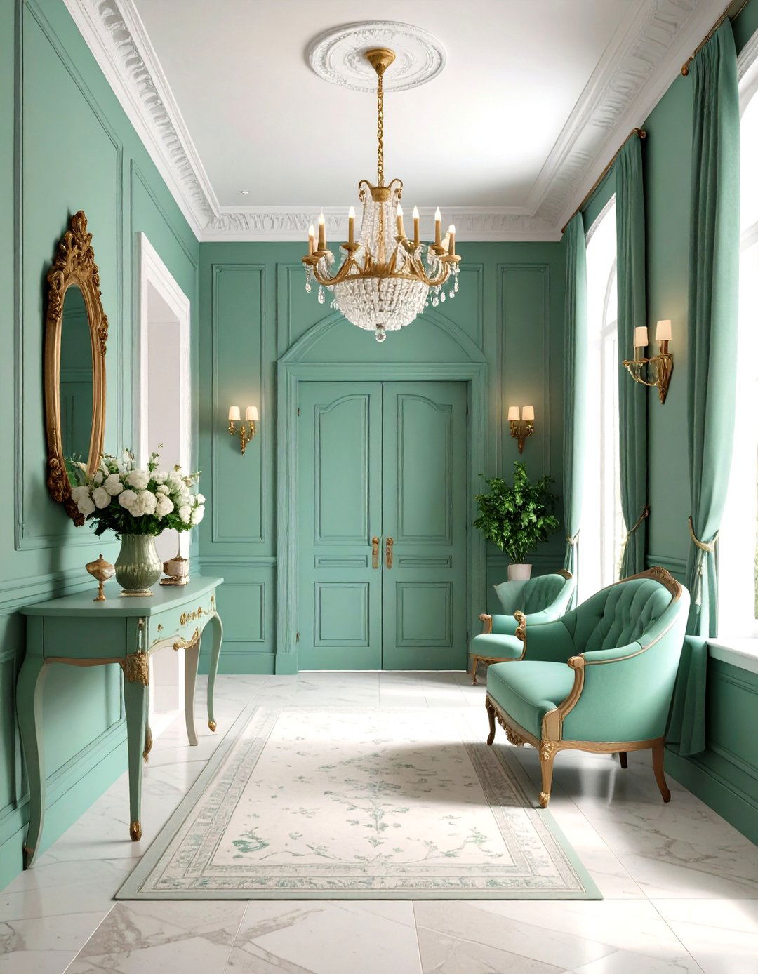Sage Green French Provincial Hallway - 24 Green Hallway Ideas
