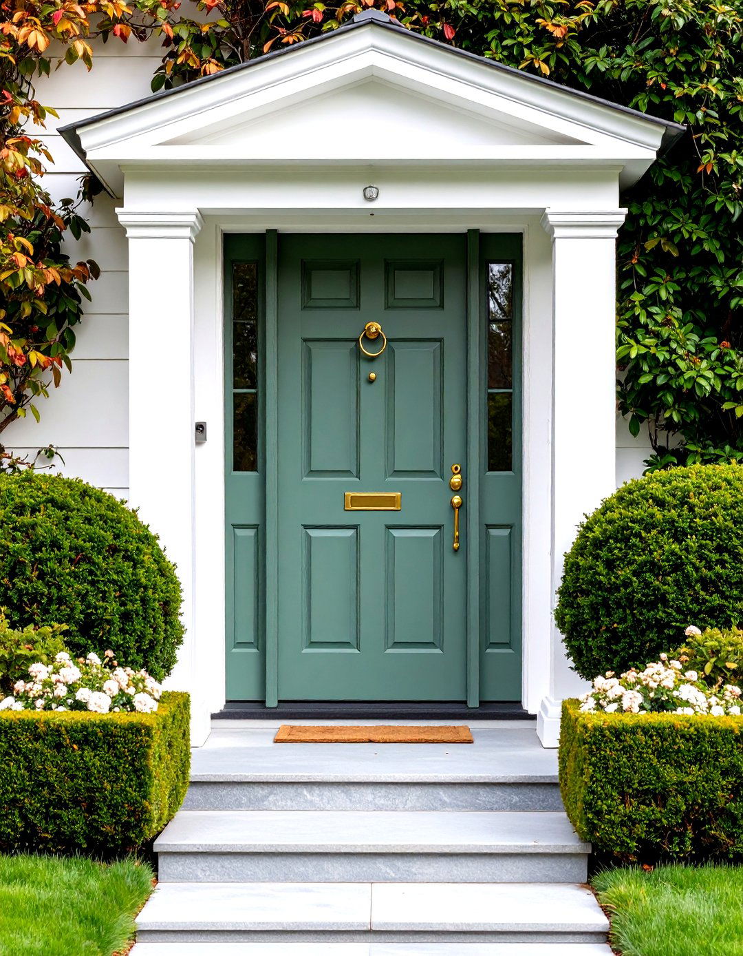 Sage Green Front Door with Brass Hardware - 24 Green Front Door Ideas
