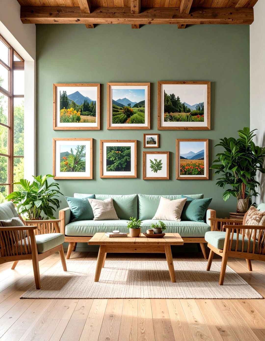 Sage Green Gallery Walls with Rustic Wood Frames - 24 Rustic Sage Green Living Room Ideas