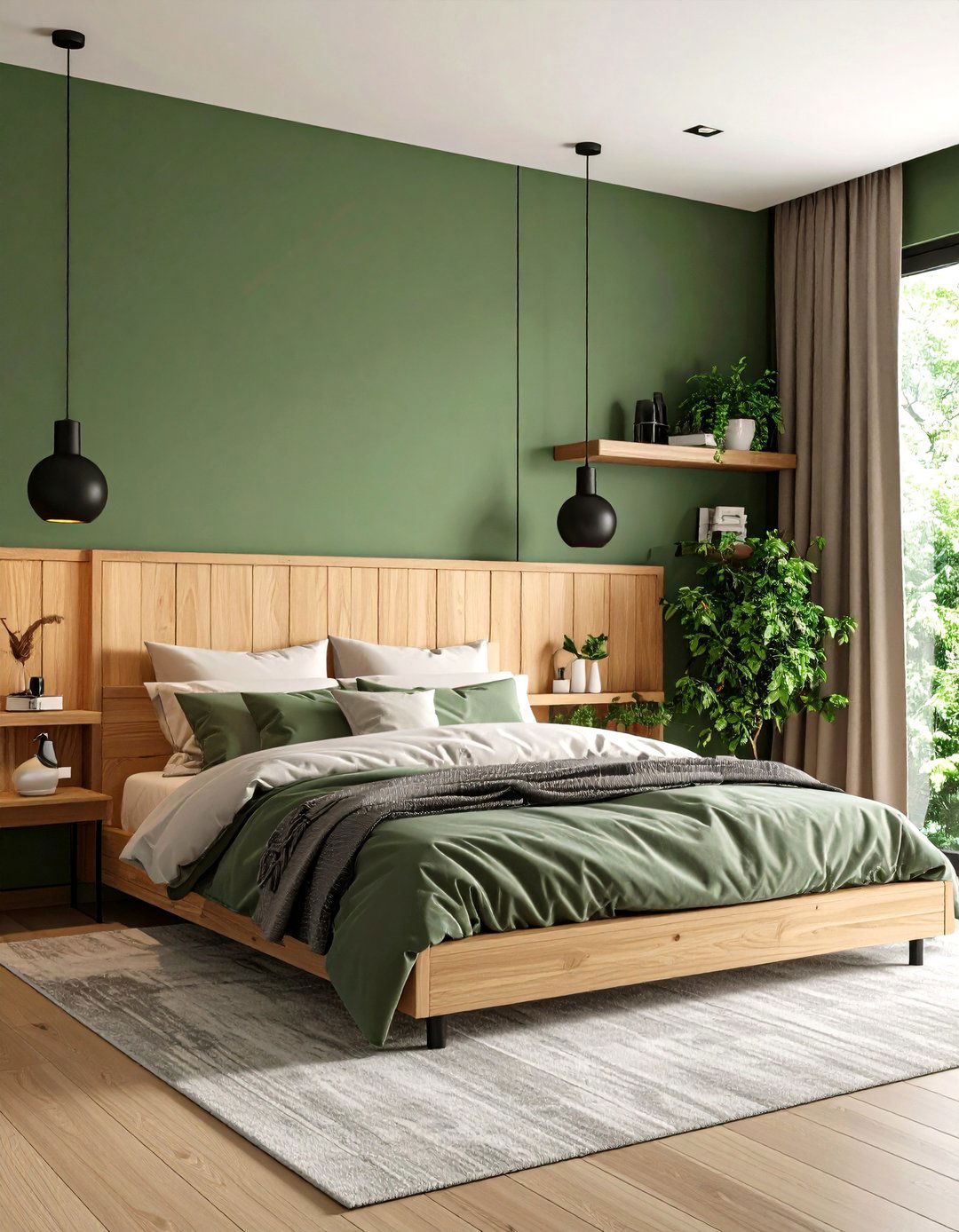 Sage Green Headboard Wall with Black Fixtures - 24 Black and Green Bedroom Design Ideas