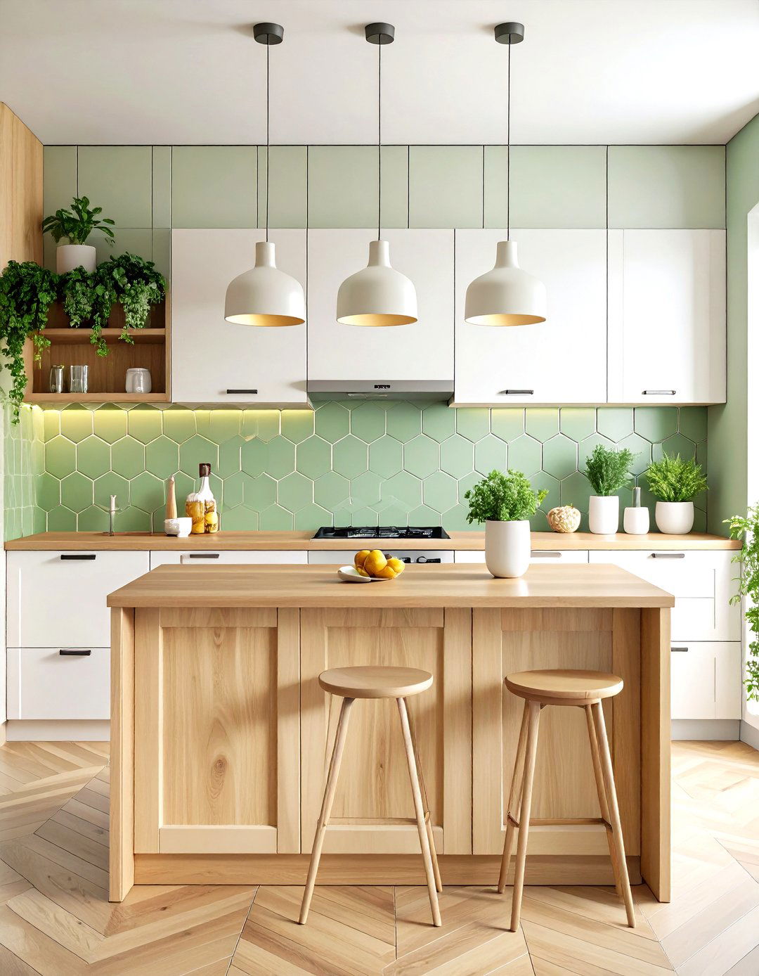 Sage Green Hexagon Tile Kitchen Design - 24 Kitchen With Green Backsplash Ideas