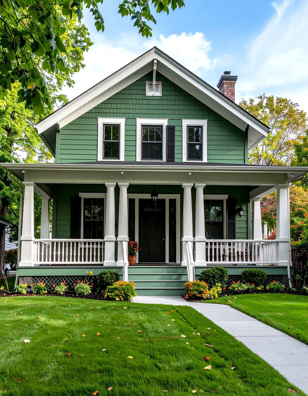 Sage Green House With Black Architectural Columns and Posts - 24 Sage Green House With Black Trim Ideas