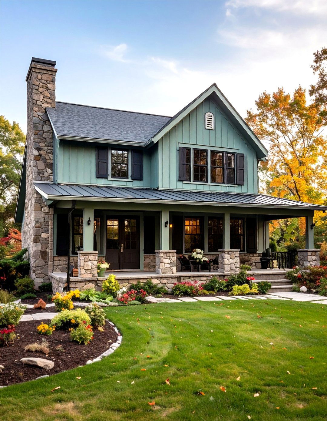 Sage Green House With Black Shutters and Natural Stone - 24 Sage Green House With Black Trim Ideas