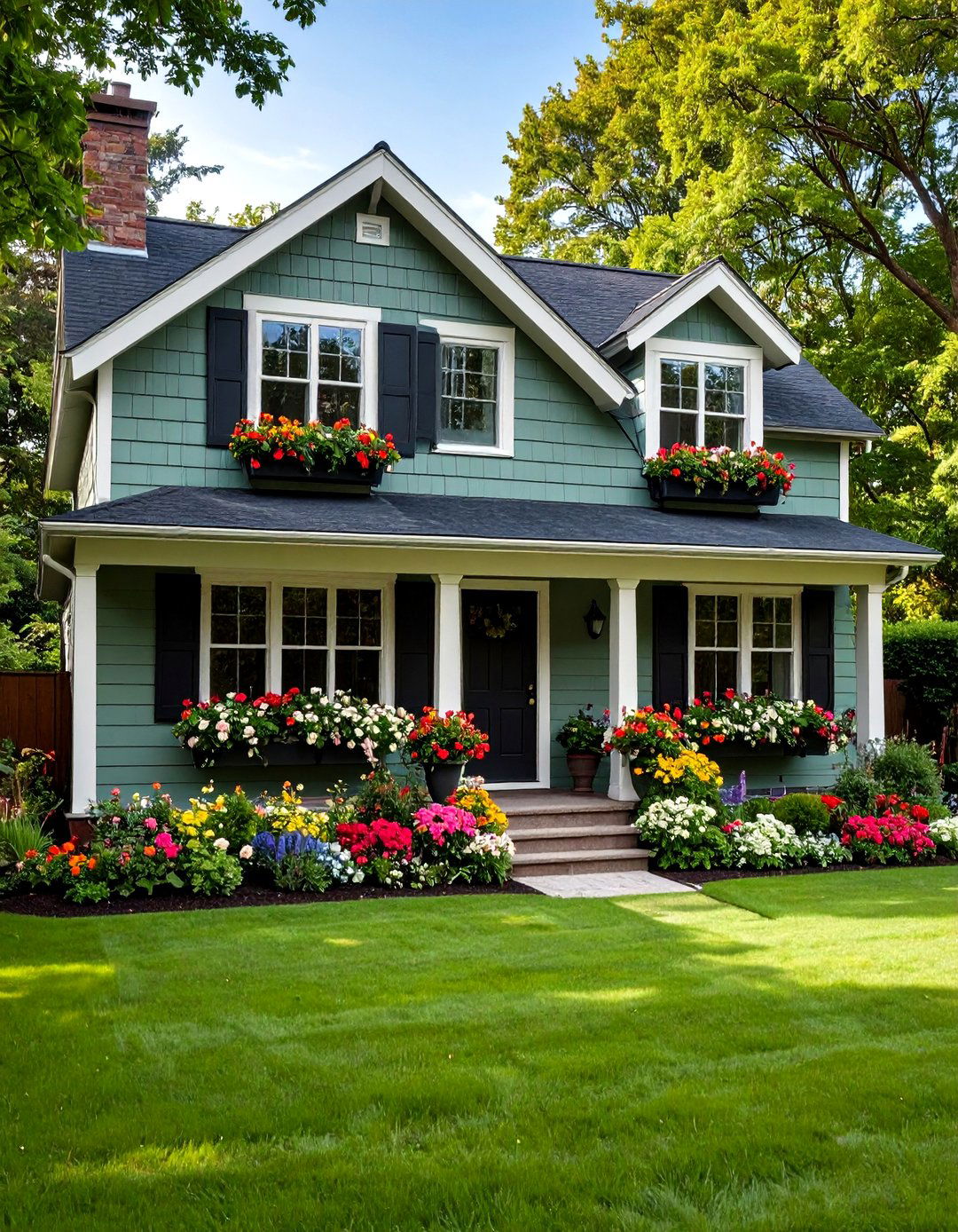 Sage Green House With Black Window Boxes and Seasonal Displays - 24 Sage Green House With Black Trim Ideas