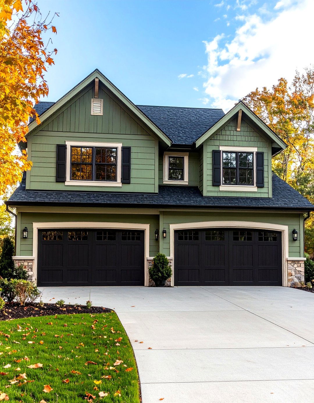 Sage Green House With Coordinated Black Garage Doors - 24 Sage Green House With Black Trim Ideas
