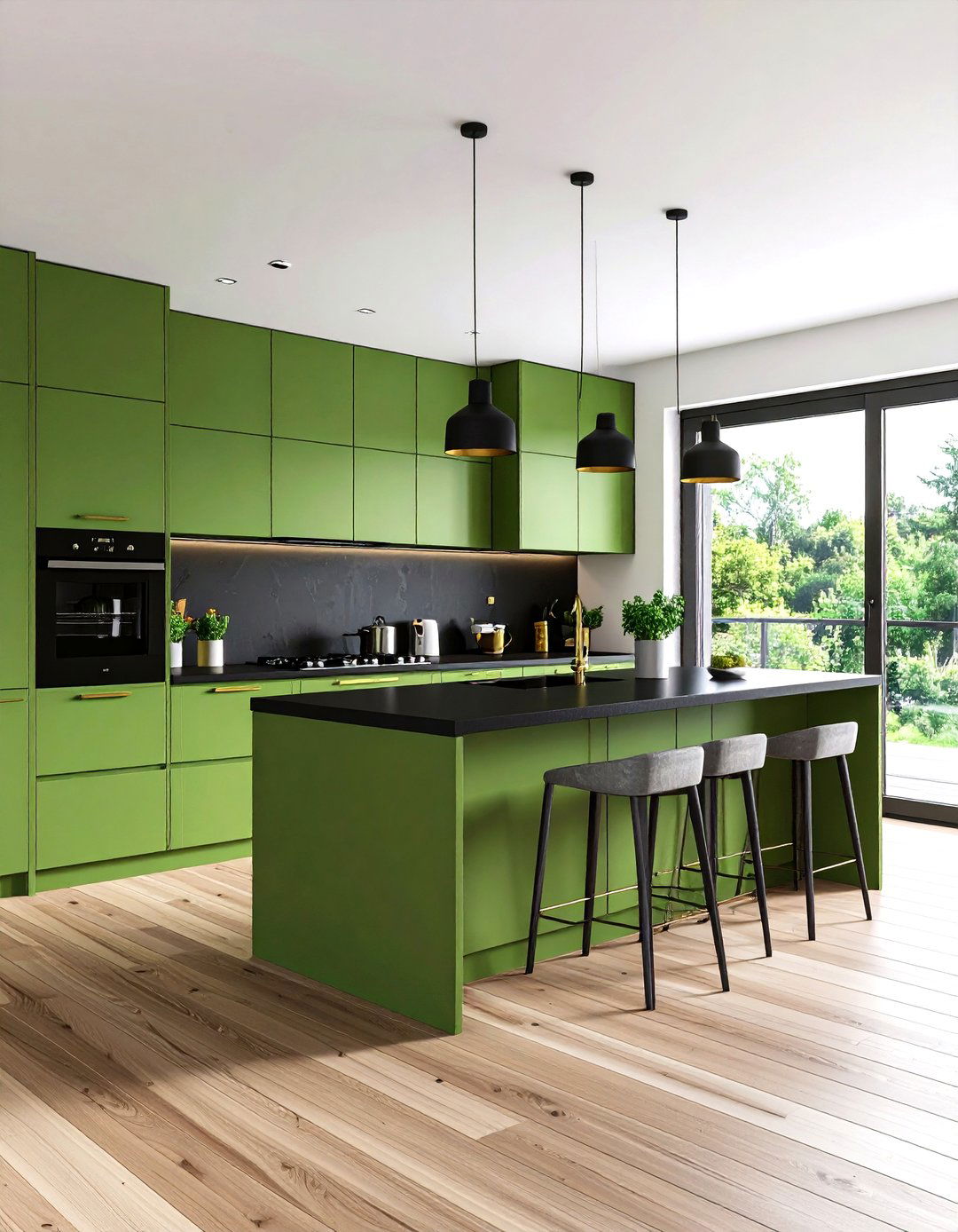 Sage Green Island with Black Countertops and White Perimeter - 24 Green Kitchen Cabinets With Black Countertops