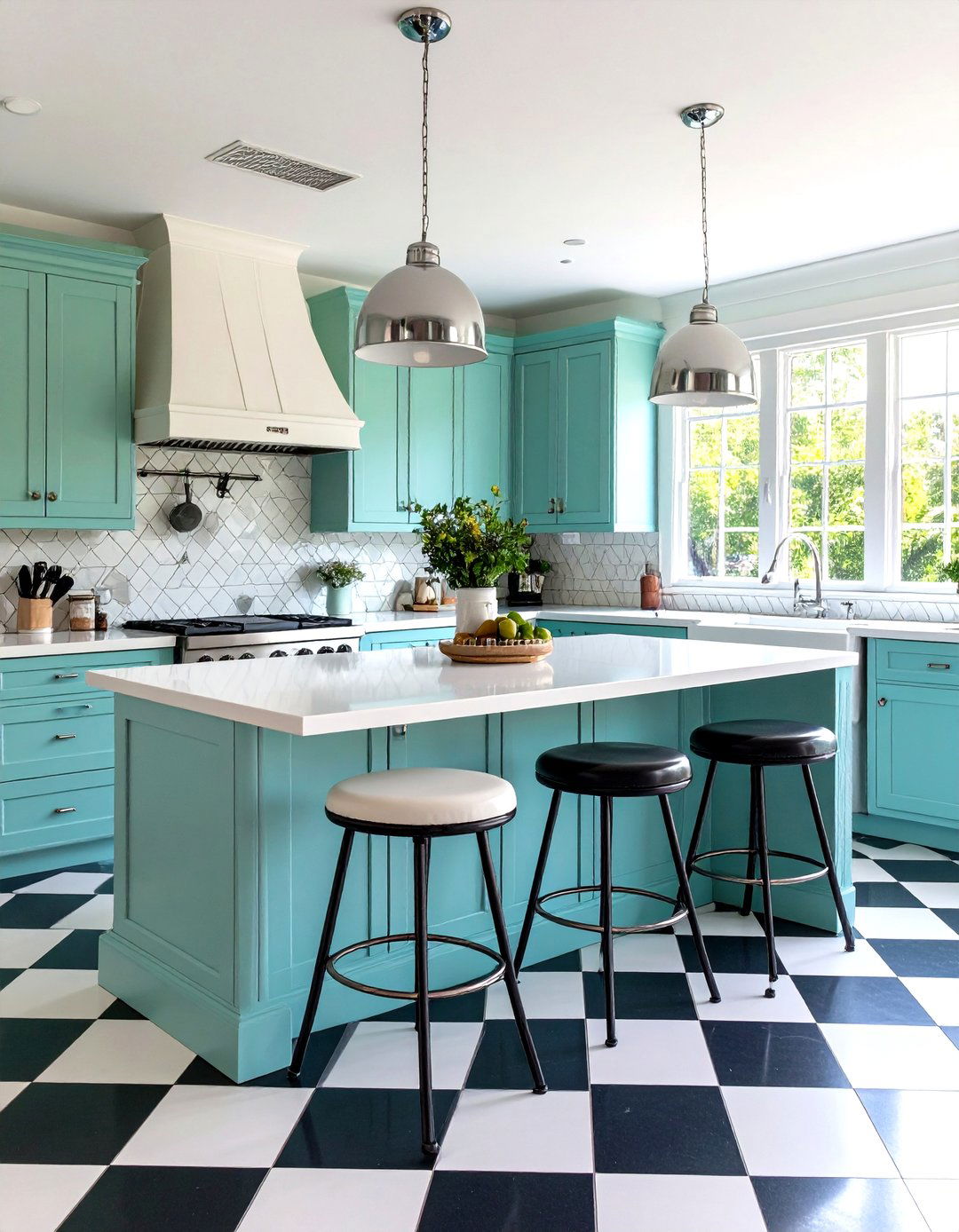 Sage Green Island with Checkerboard Floor and Retro Styling - 24 Sage Green Kitchen Island Ideas
