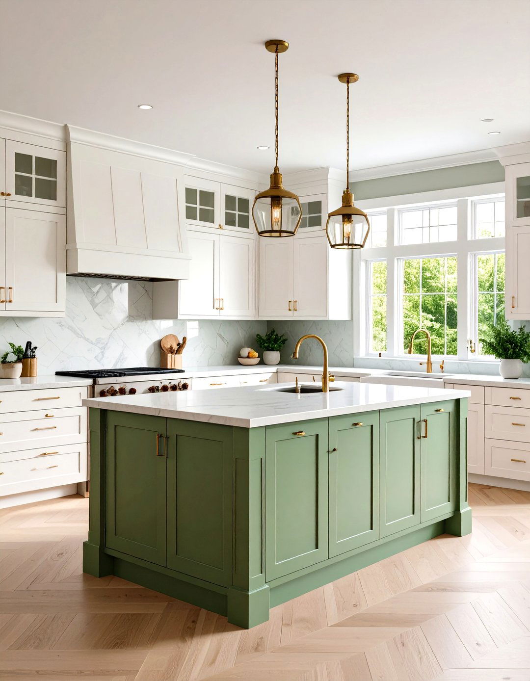 Sage Green Island with White Perimeter Cabinets - 24 Rustic Sage Green Kitchen Cabinets