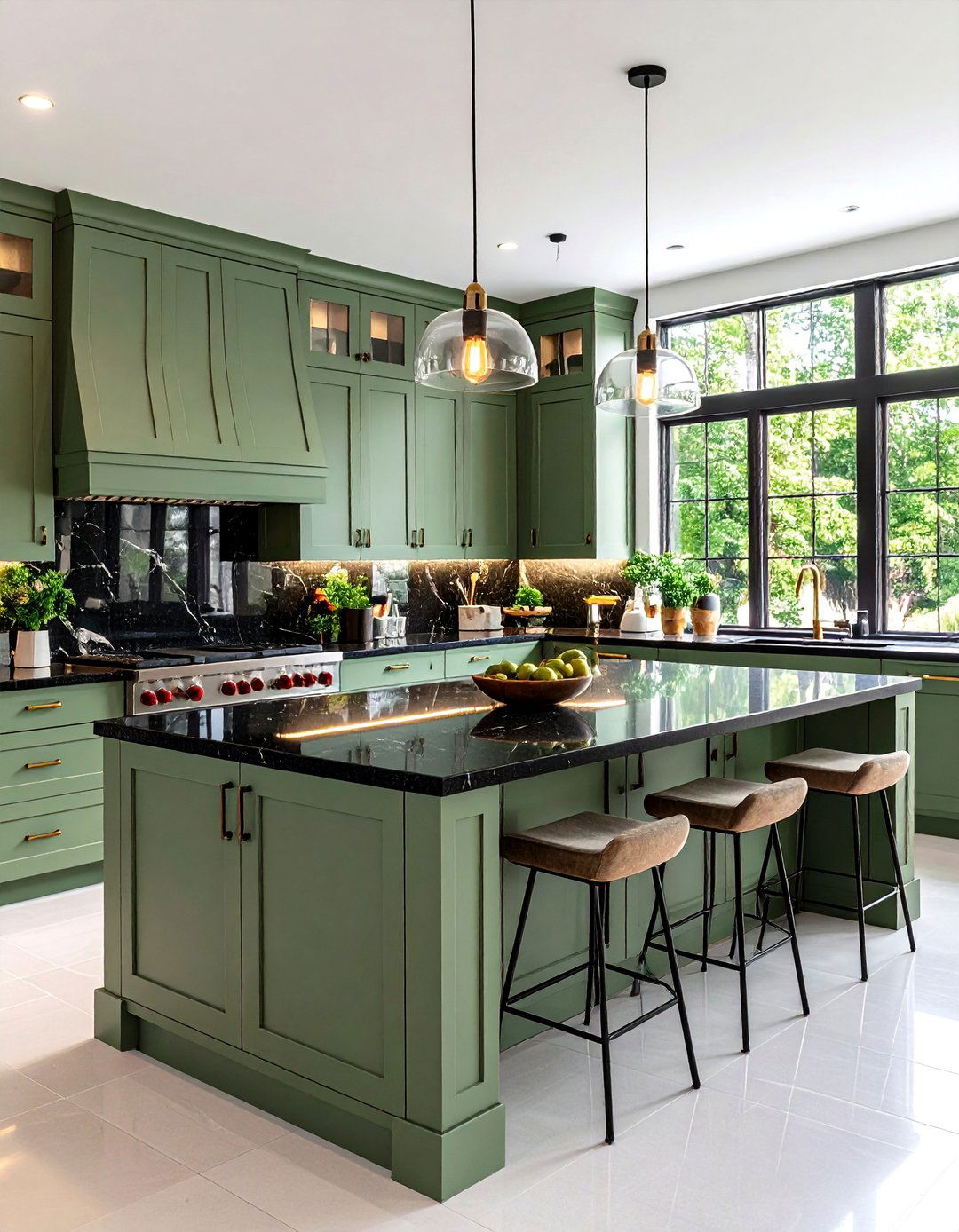 Sage Green Kitchen Island with Black Granite Surfaces - 24 Black and Green Kitchen Ideas