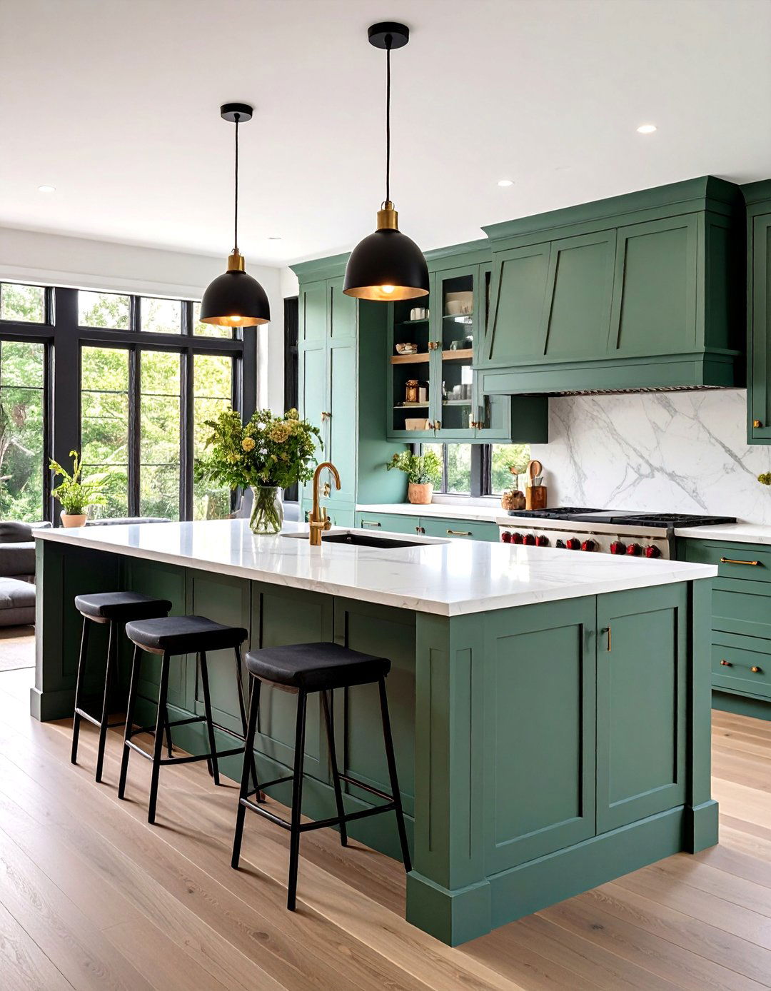 Sage Green Kitchen Island with Black Pendant Lighting - 24 Sage Green and Black Kitchen Ideas