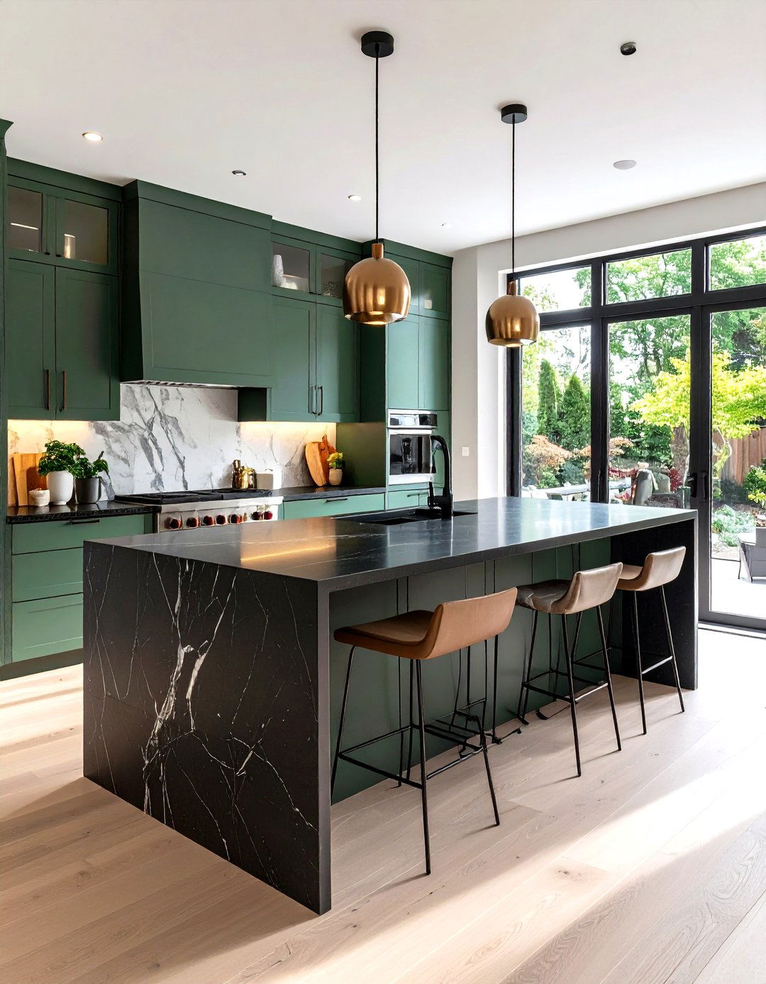 Sage Green Kitchen Island with Black Waterfall Countertop - 24 Sage Green and Black Kitchen Ideas