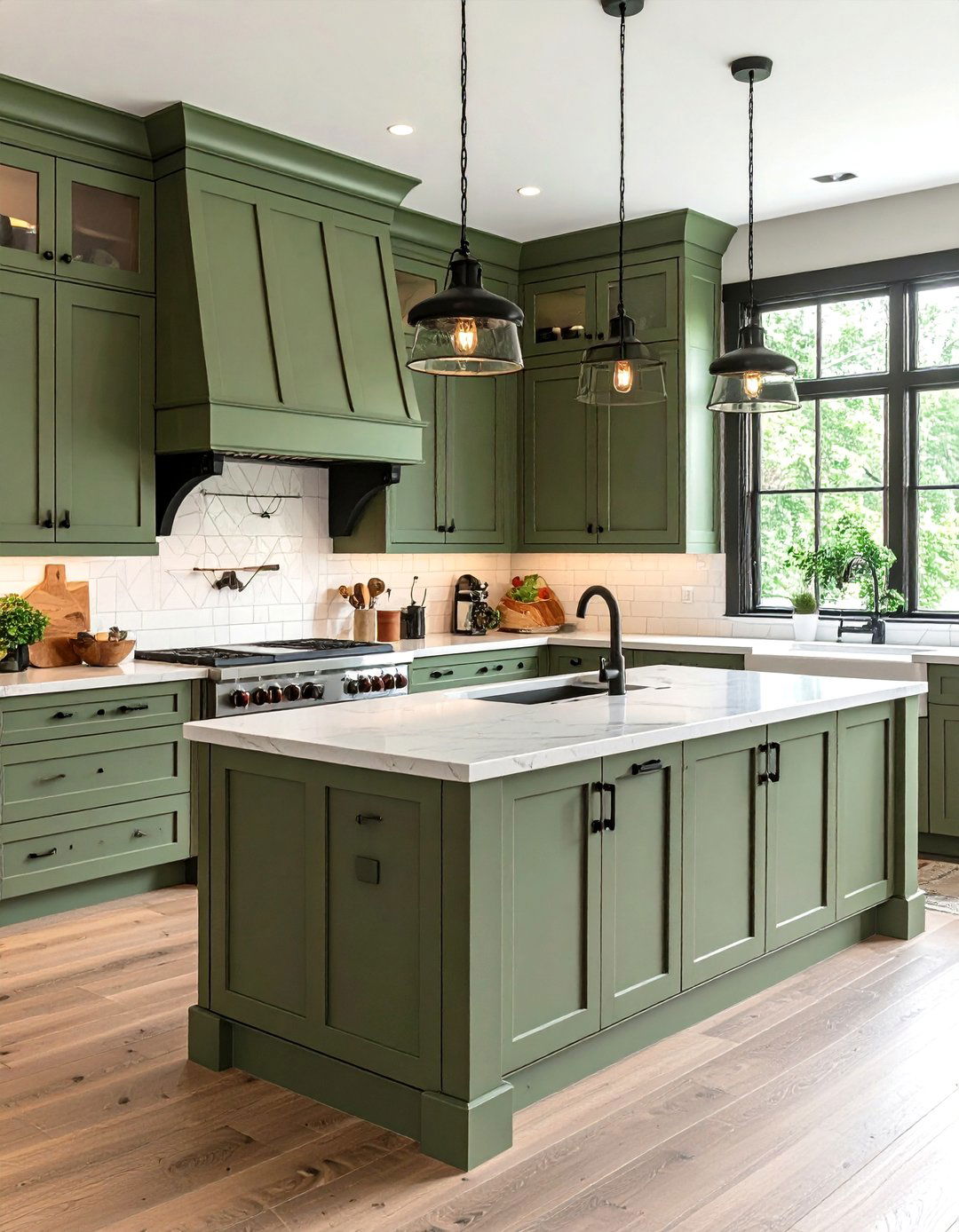 Sage Green Kitchen Trim with Black Countertop Brackets - 24 Black and Green Kitchen Ideas