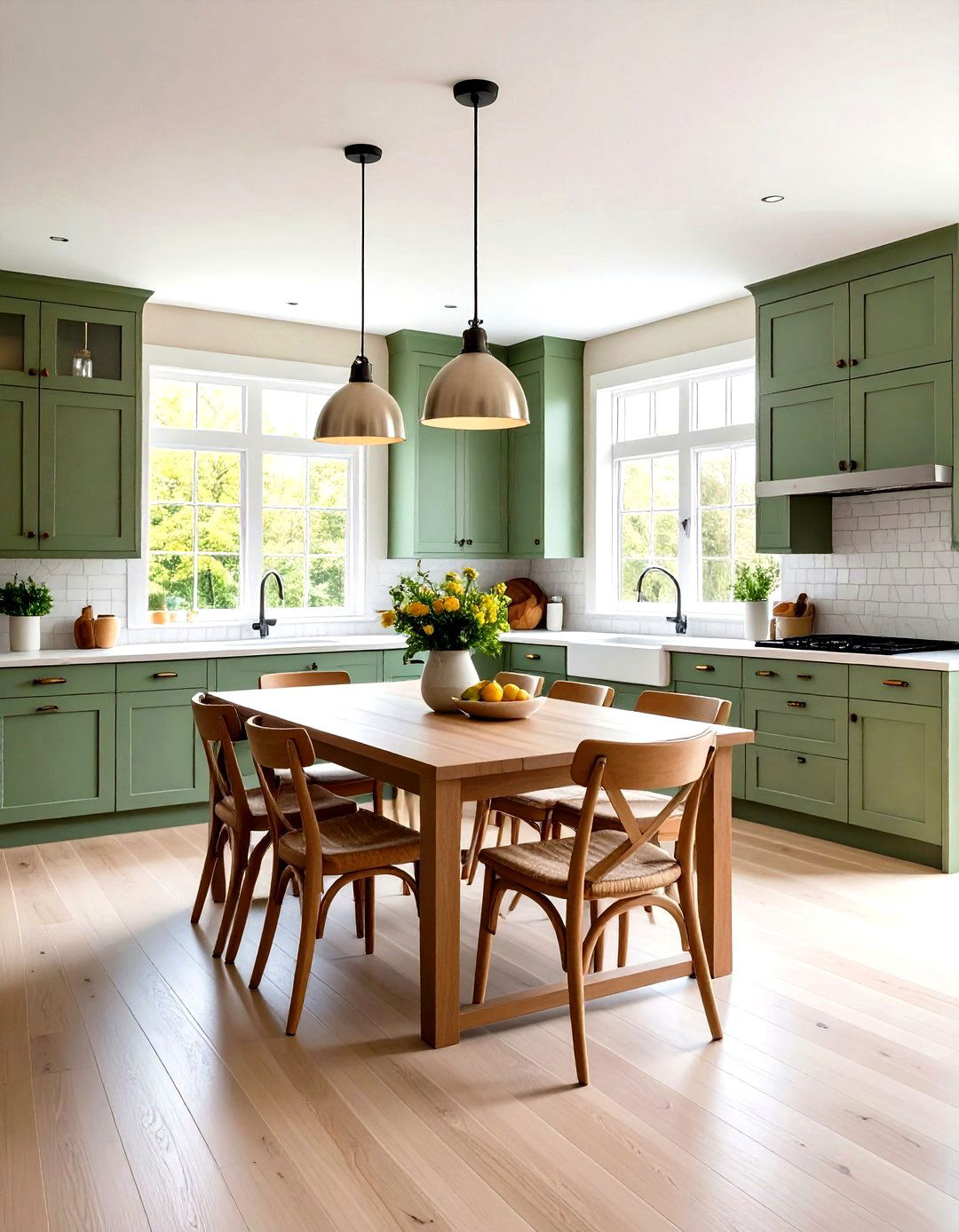 Sage Green Kitchen with Breakfast Nook Integration - 24 Sage Green Kitchen Cabinets With Butcher Block Countertops