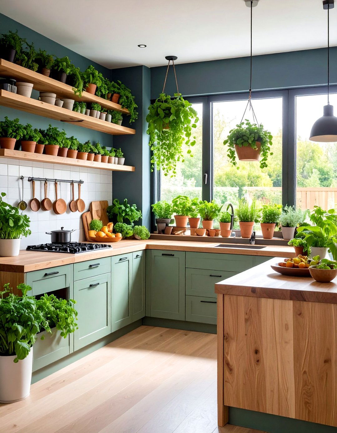 Sage Green Kitchen with Herb Garden Integration - 24 Sage Green Kitchen Cabinets With Butcher Block Countertops