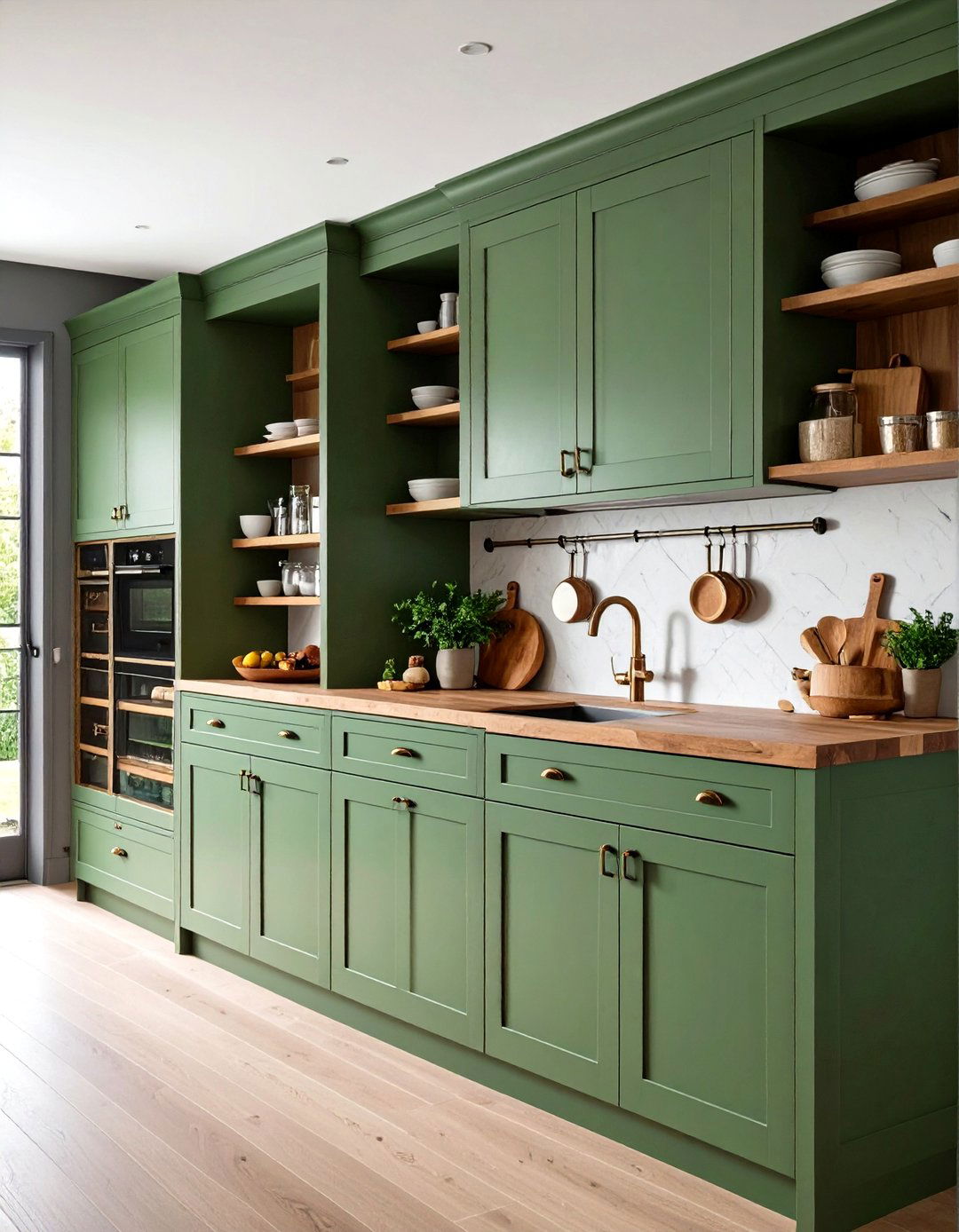 Sage Green Kitchen with Pantry Integration - 24 Sage Green Kitchen Cabinets With Butcher Block Countertops