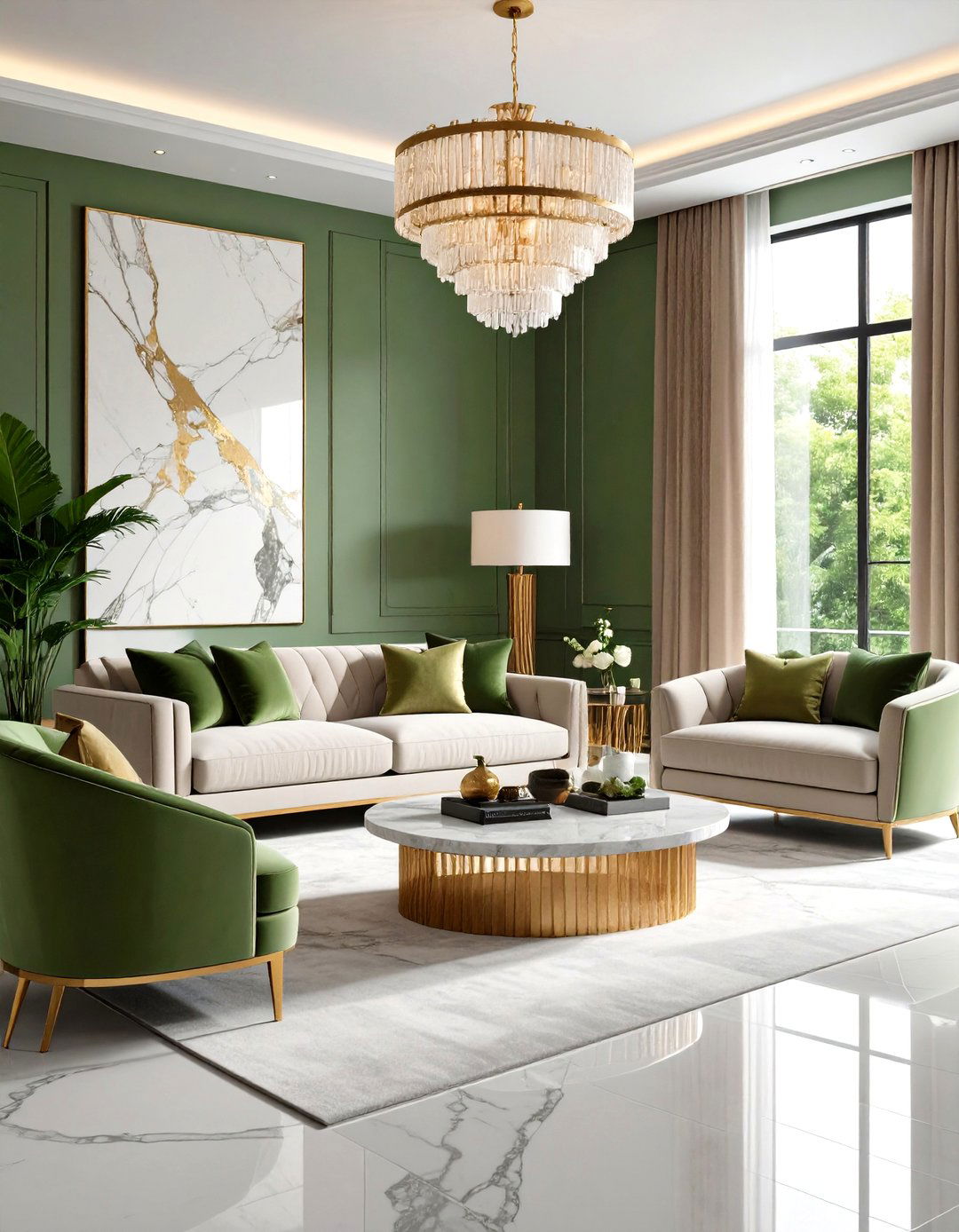 Sage Green Living Room with Marble and Stone Elements - 24 Sage Green Living Room Ideas