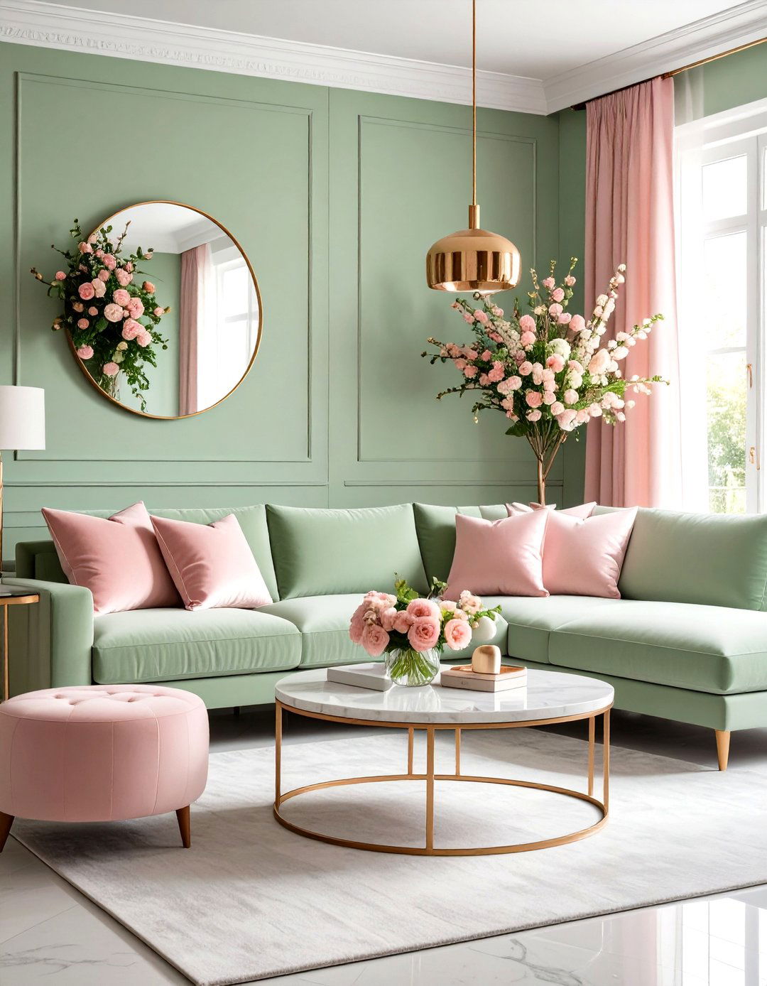 Sage Green Living Room with Pink Blush Accents - 24 Sage Green Living Room Ideas