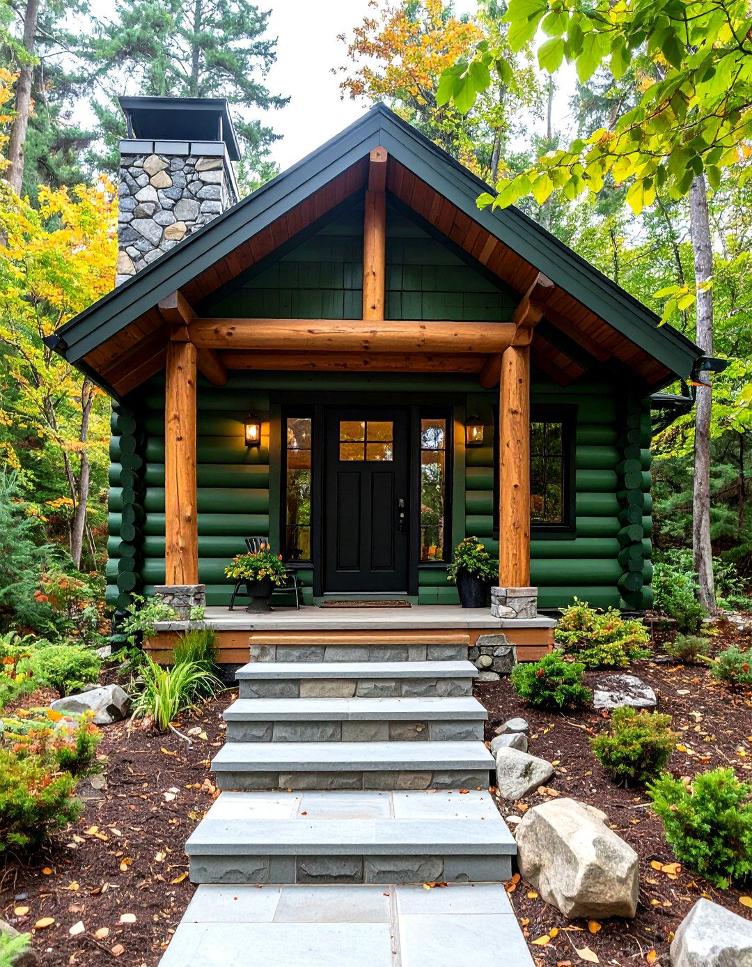Sage Green Log Home with Rustic Black Door - 24 Sage Green House With Black Door