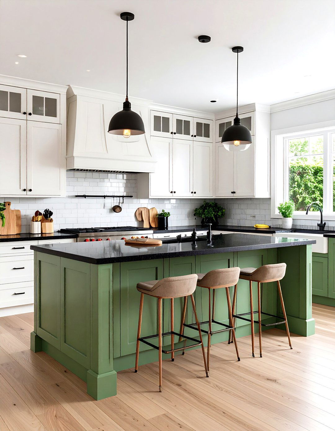 Sage Green Lower Cabinets with Black Granite Breakfast Bar - 24 Green Kitchen Cabinets With Black Countertops