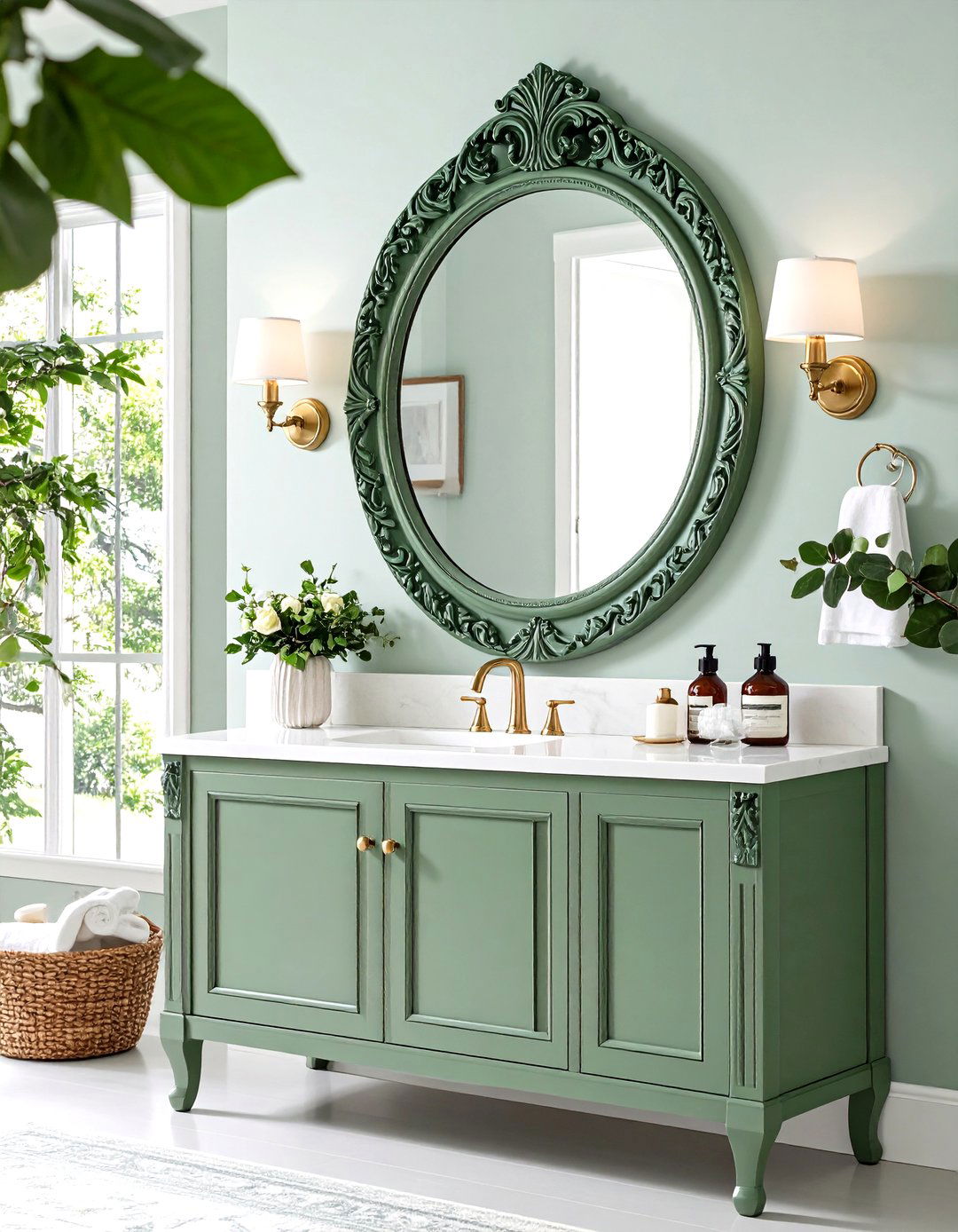 Sage Green Mirror Frame Accents - 24 Sage Green Bathroom Ideas