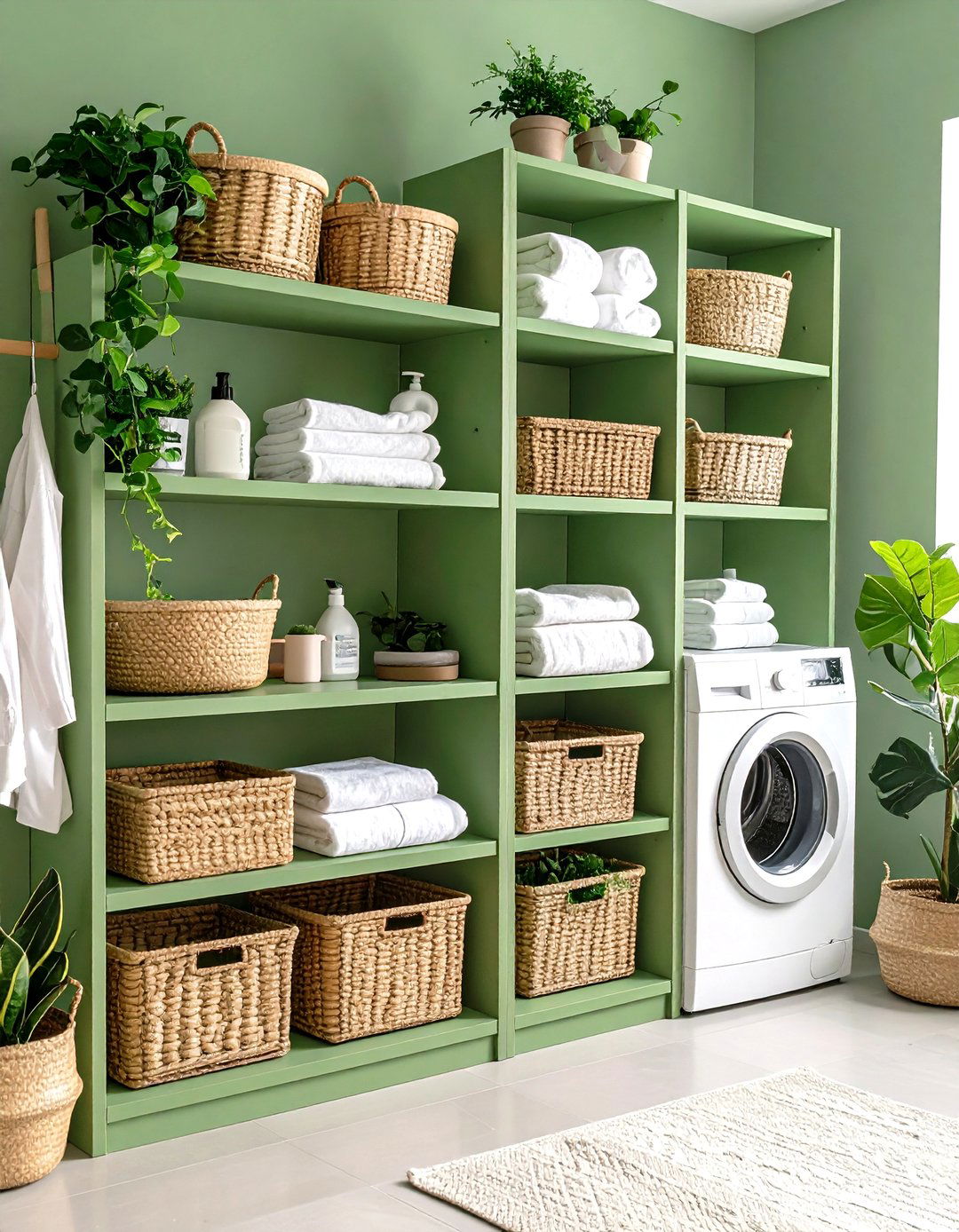 Sage Green Open Shelving Display - 24 Sage Green Laundry Room Ideas