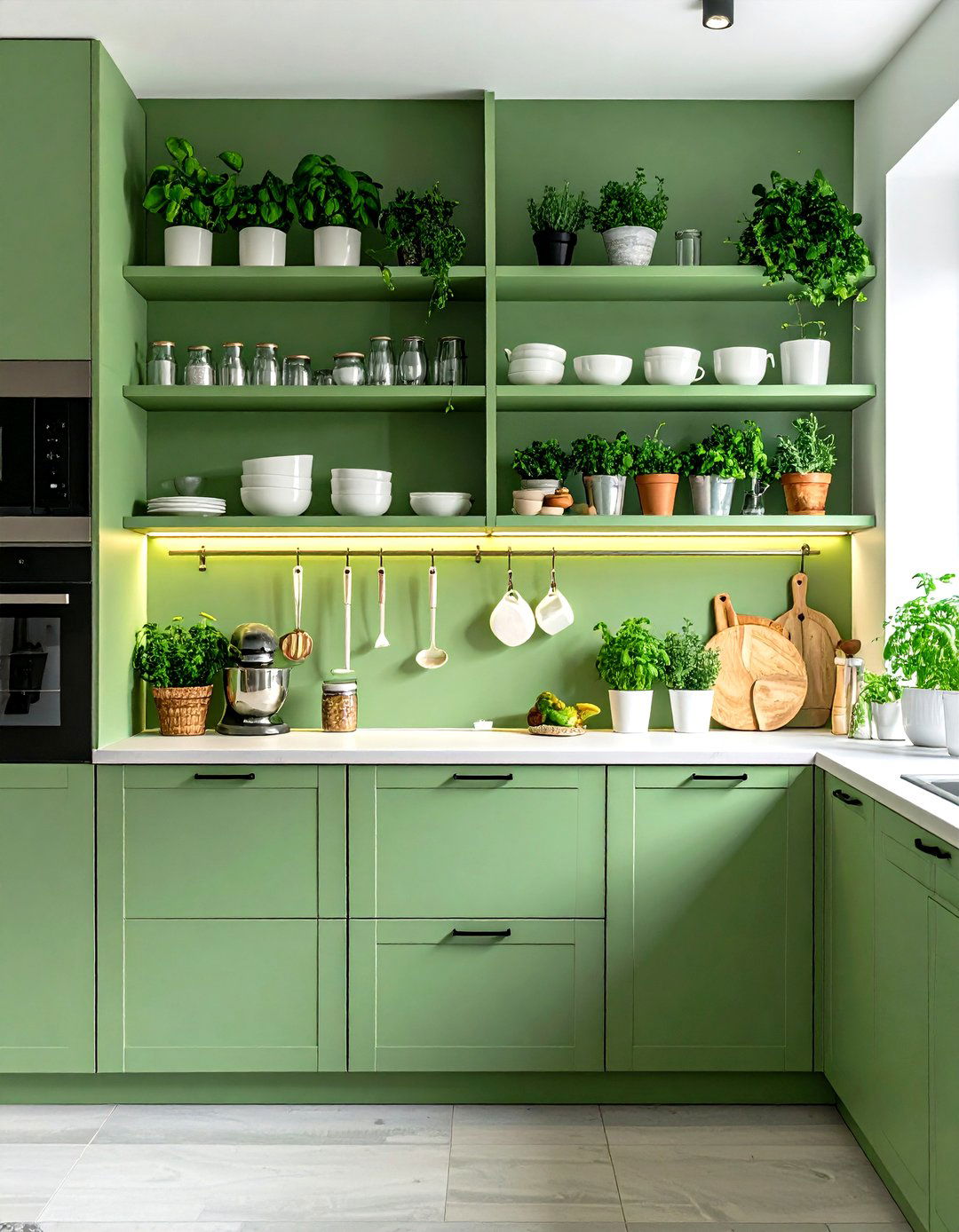 Sage Green Open Shelving Display - 24 Sage Green Kitchen Ideas