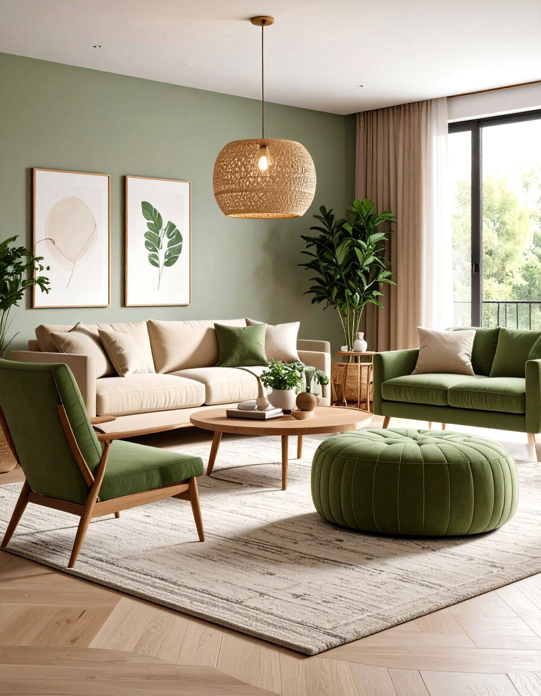 Sage Green Ottoman and Cream Seating - 24 sage green and cream living room ideas