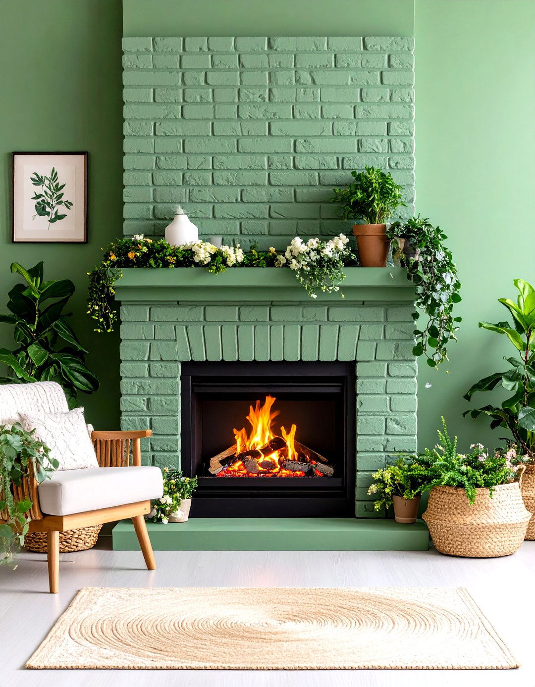 Sage Green Painted Brick Fireplace with Botanical Theme - 24 Painted Brick Fireplace Ideas