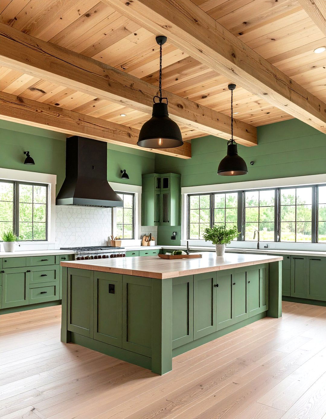 Sage Green Painted Wood Ceiling with Black Light Fixtures - 24 Sage Green and Black Kitchen Ideas