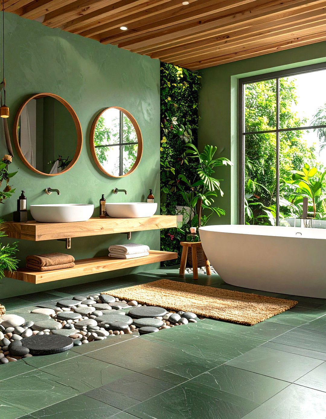 Sage Green Penny Rounds with Charcoal Slate Floors - 24 Green and Grey Bathroom Ideas