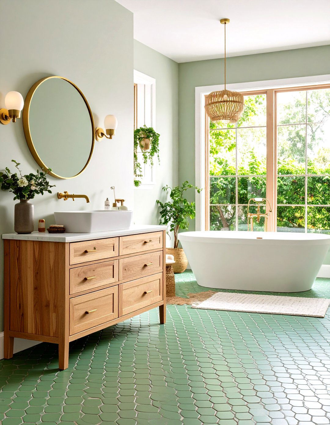 Sage Green Penny Tile Floor - 24 Small Green Bathroom Ideas