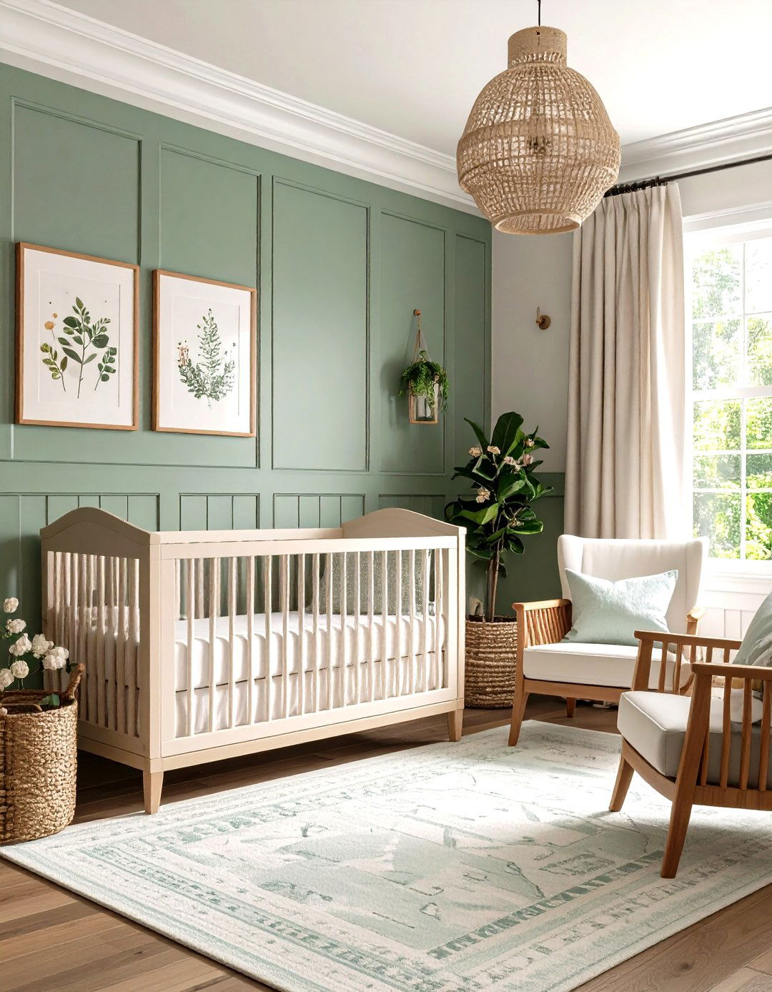 Sage Green Raised Panel Wainscoting with Natural Wood Accents - 24 Wainscoting Nursery Ideas