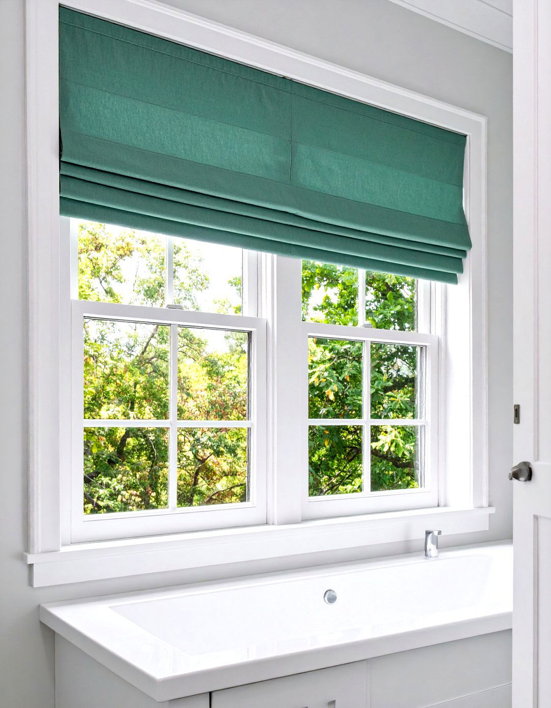 Sage Green Roman Shade Window - 24 Small Green Bathroom Ideas