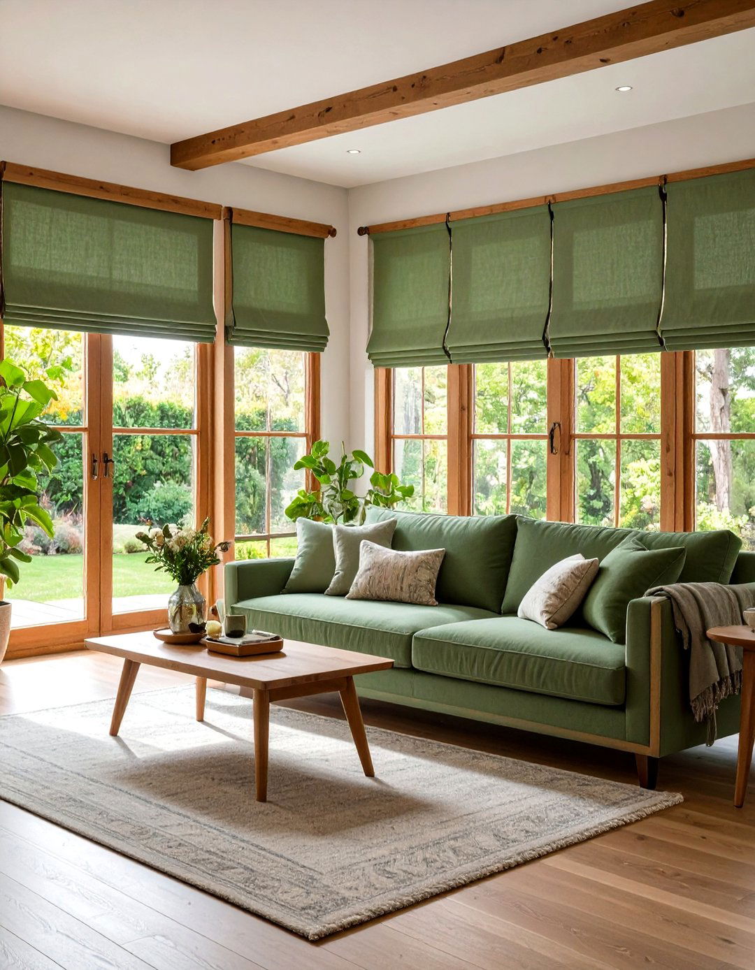 Sage Green Roman Shades with Natural Wood Trim - 24 Rustic Sage Green Living Room Ideas