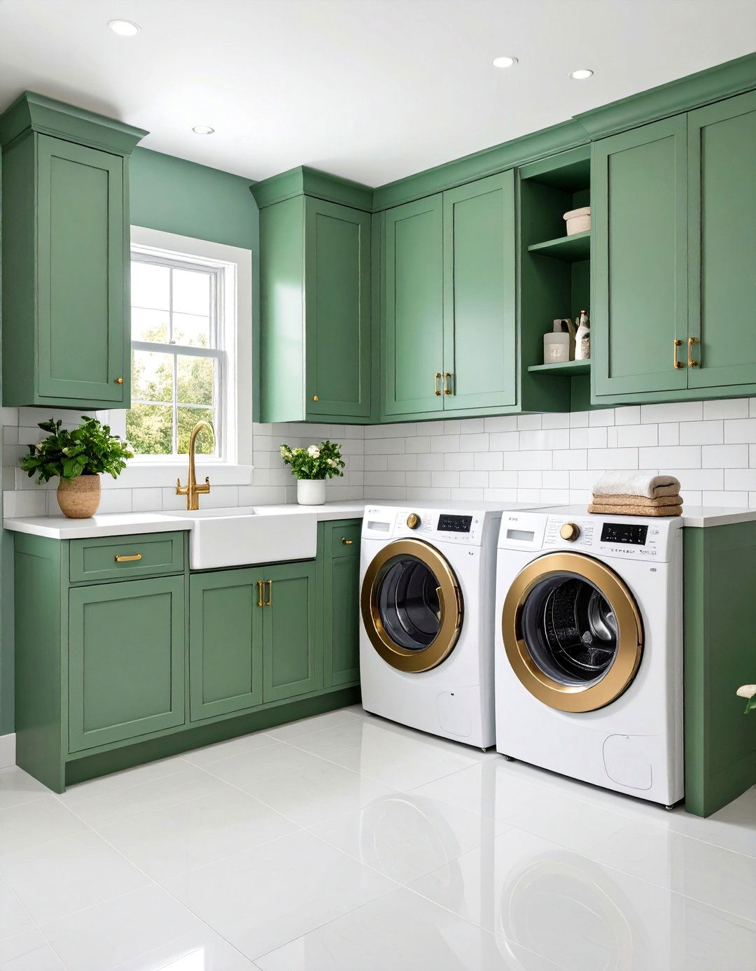 Sage Green Shaker Cabinets with Brass Hardware - 24 Sage Green Laundry Room Ideas