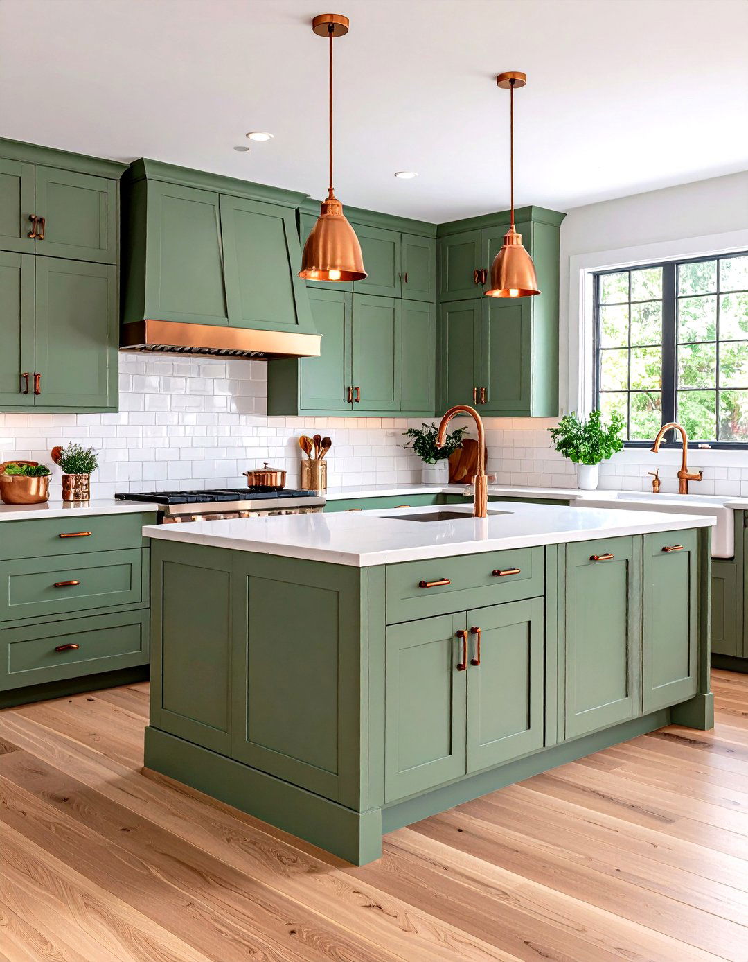 Sage Green Shaker Kitchen with Copper Accents - 24 Green Kitchen Cabinet Ideas