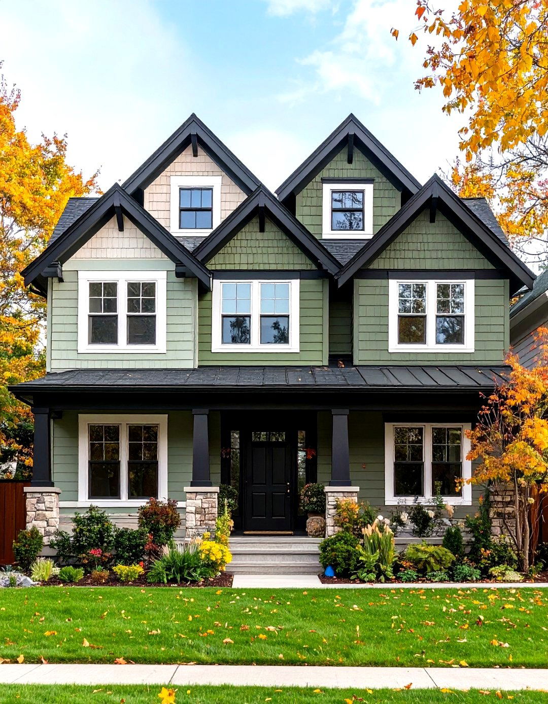 Sage Green Shed Dormer House with Black Accents - 24 Sage Green House With Black Door
